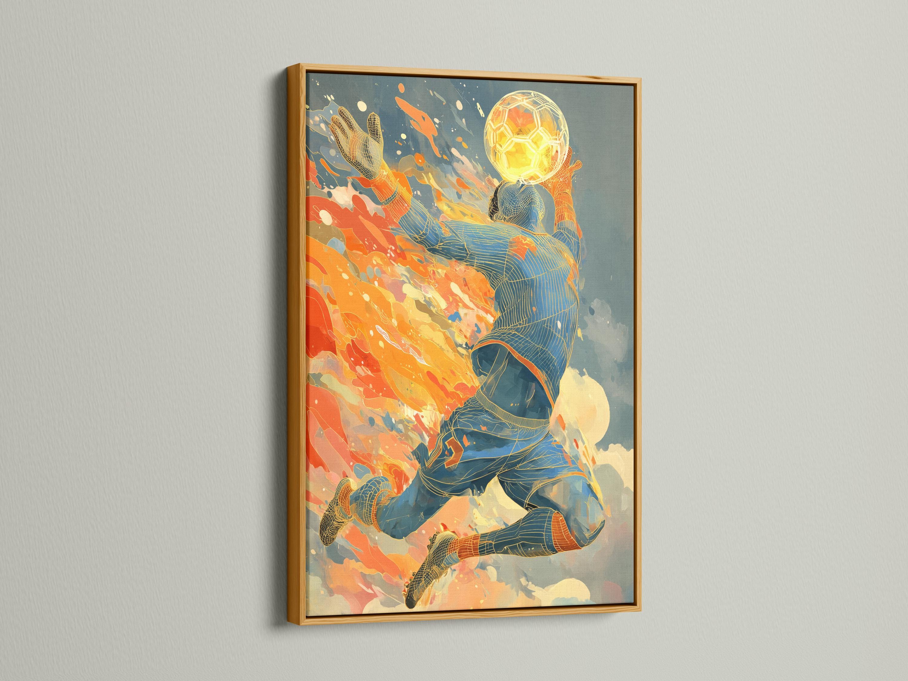 Stylised soccer goalie diving with a glowing football in orange and blue splashes detail view