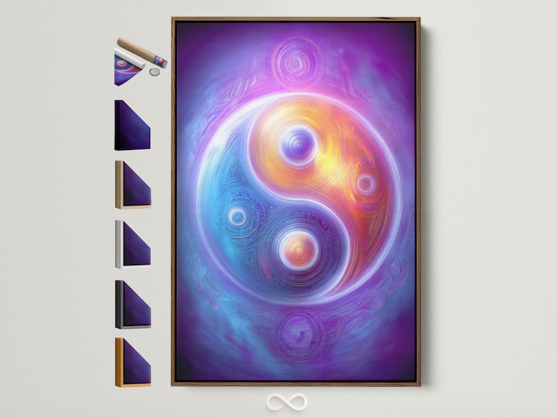 A cosmic purple artwork shows swirling concentric circles and two yin-yang style orbs with rainbow-like colour bands