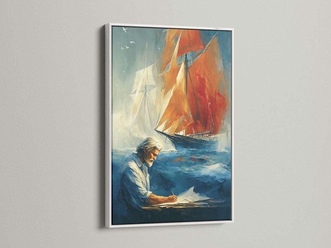 Painterly sailboat maritime scene with a red-orange sail and a man writing detail view