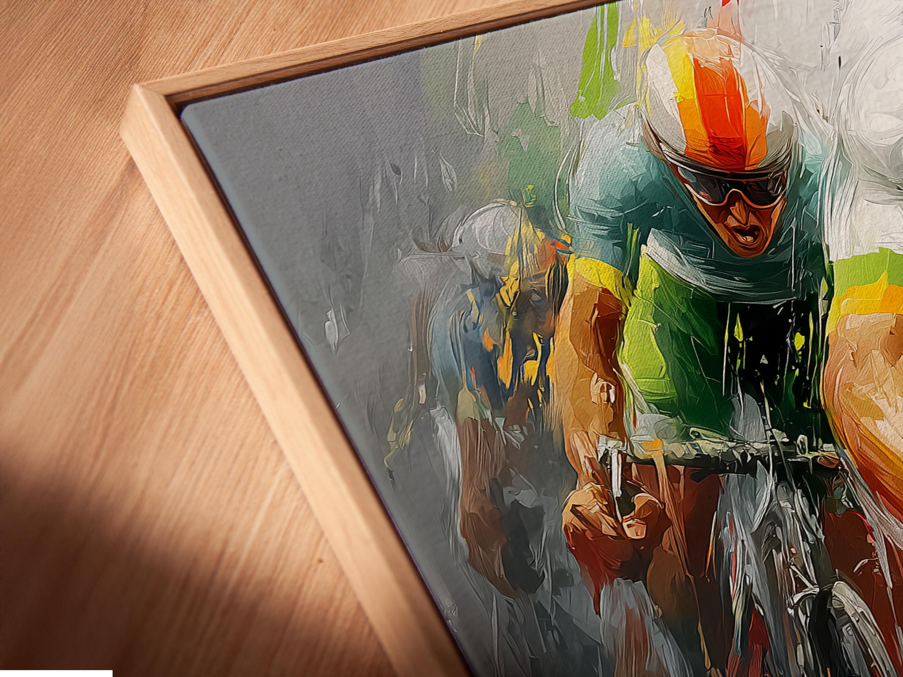 Room mockup showing framed abstract cycling artwork on a light wall
