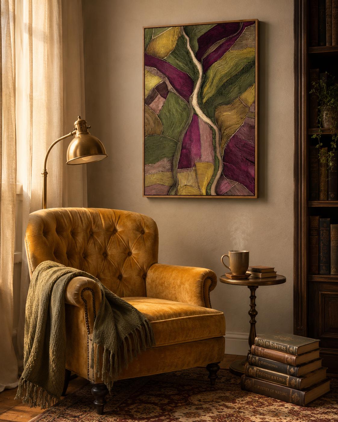 Room mockup with a framed abstract landscape artwork in green and plum tones