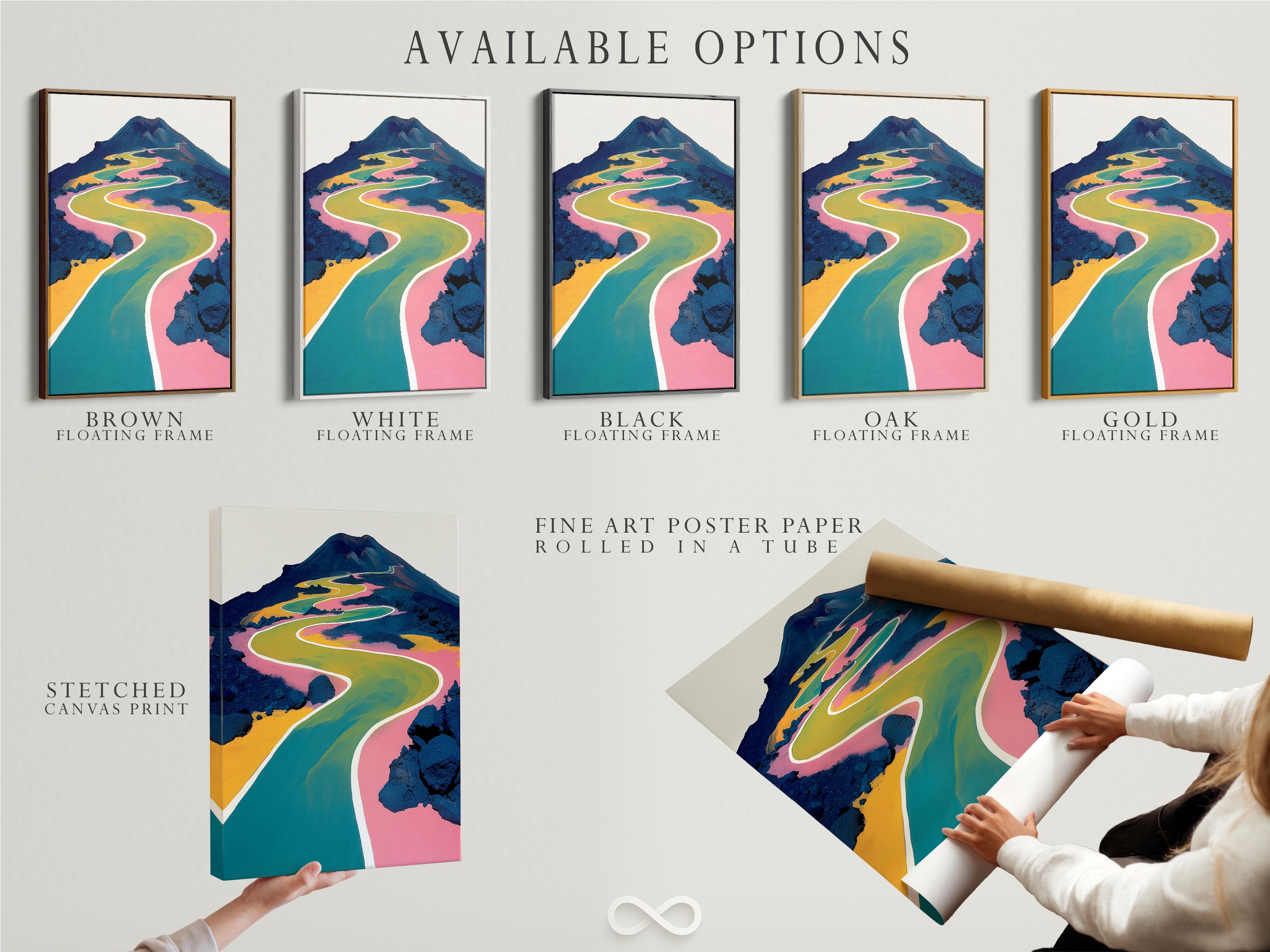 Winding road-like path through a stylised mountain landscape with teal, yellow and pink colours detail view