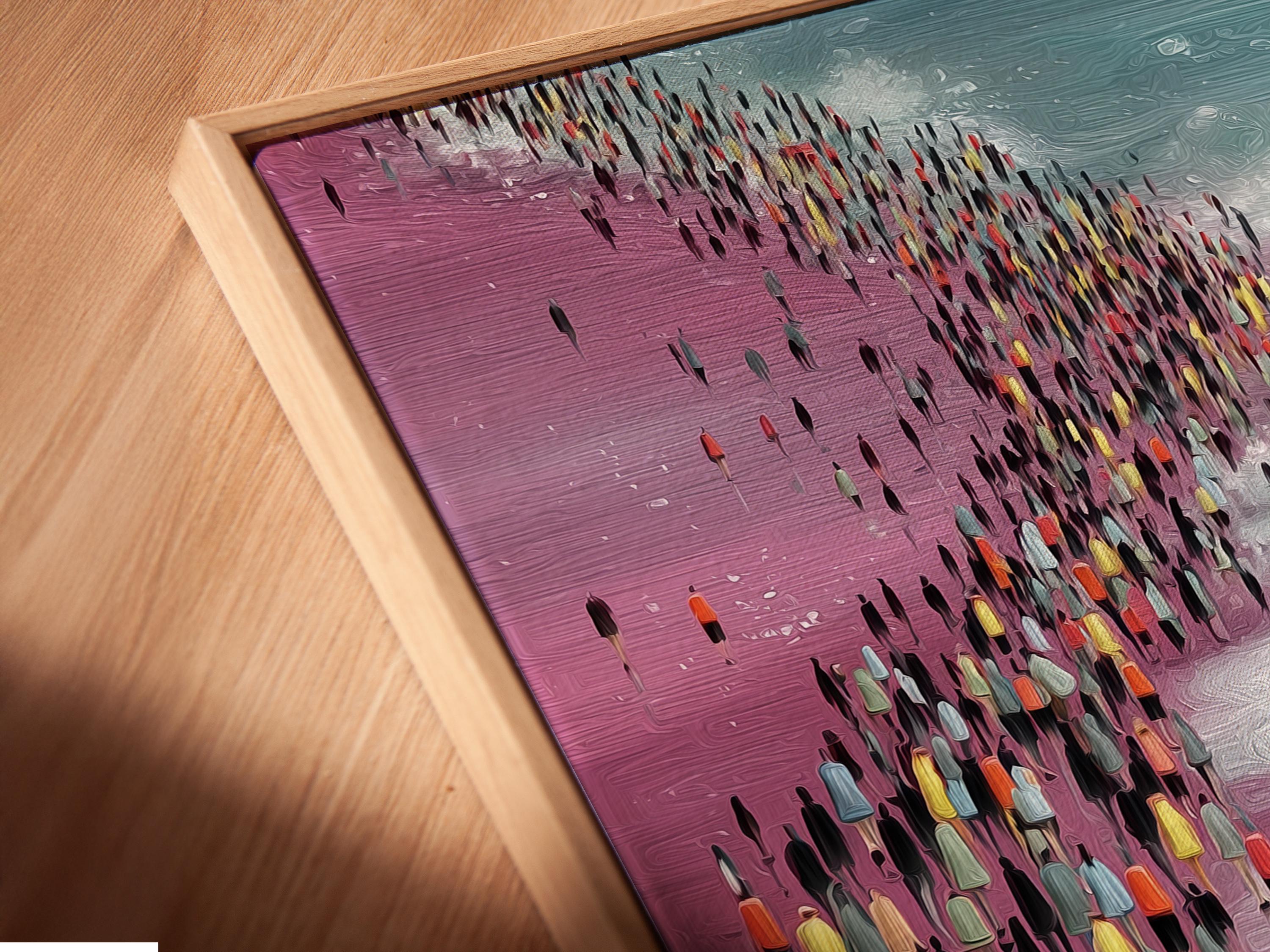 Retro beach rain scene with a yellow bus, a red emergency van and teal sea waves detail view