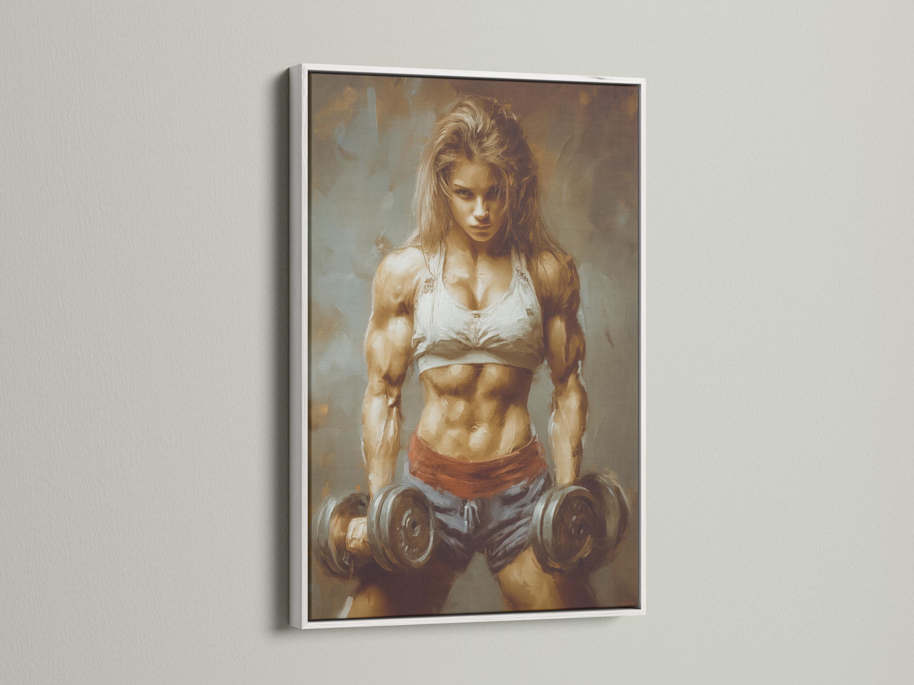 Gym or wellness room mockup showing a wall artwork of a muscular woman lifting dumbbells