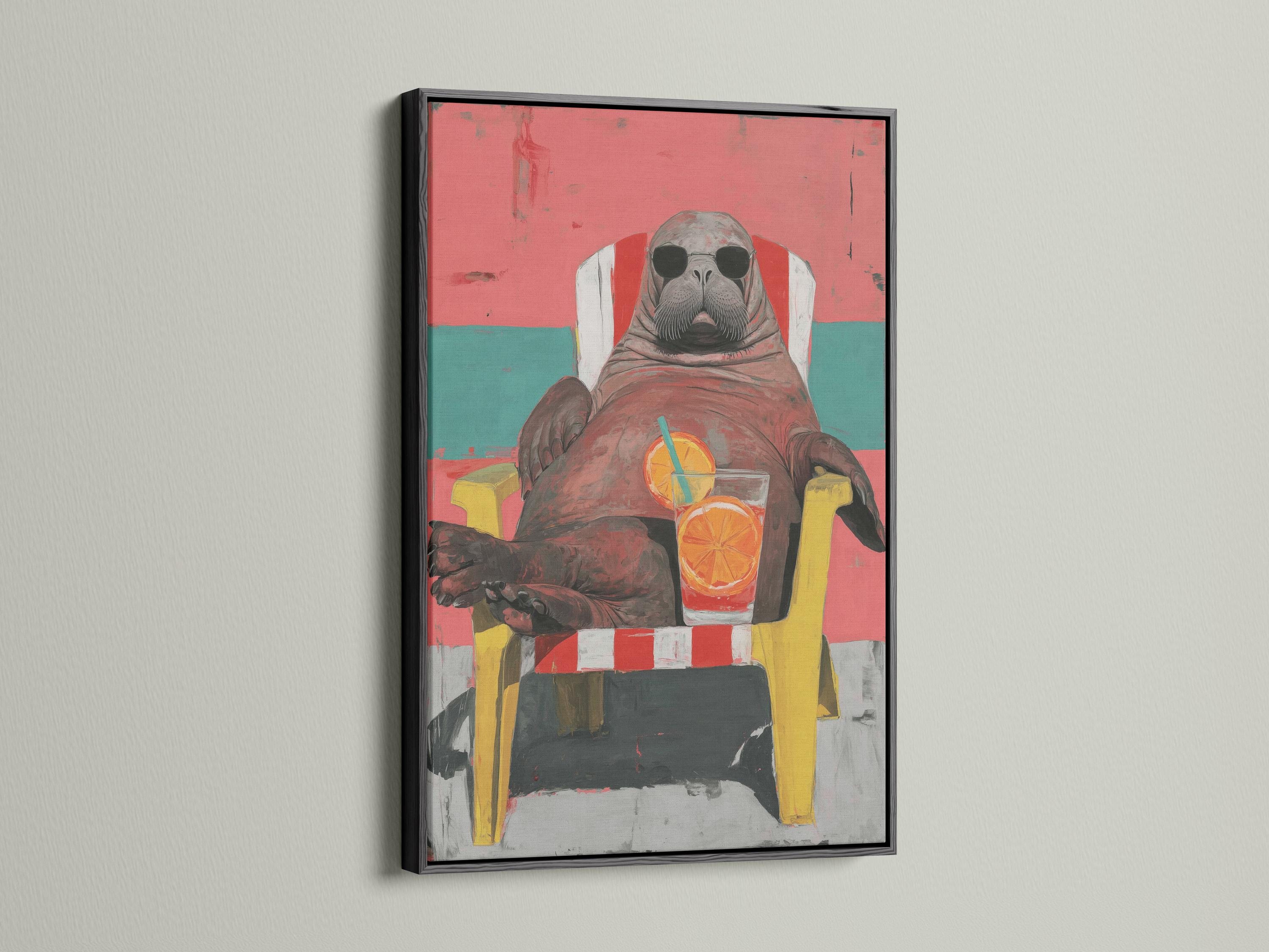 Stylised walrus wearing oversized sunglasses with a coral and teal background and a drink with an orange slice detail view
