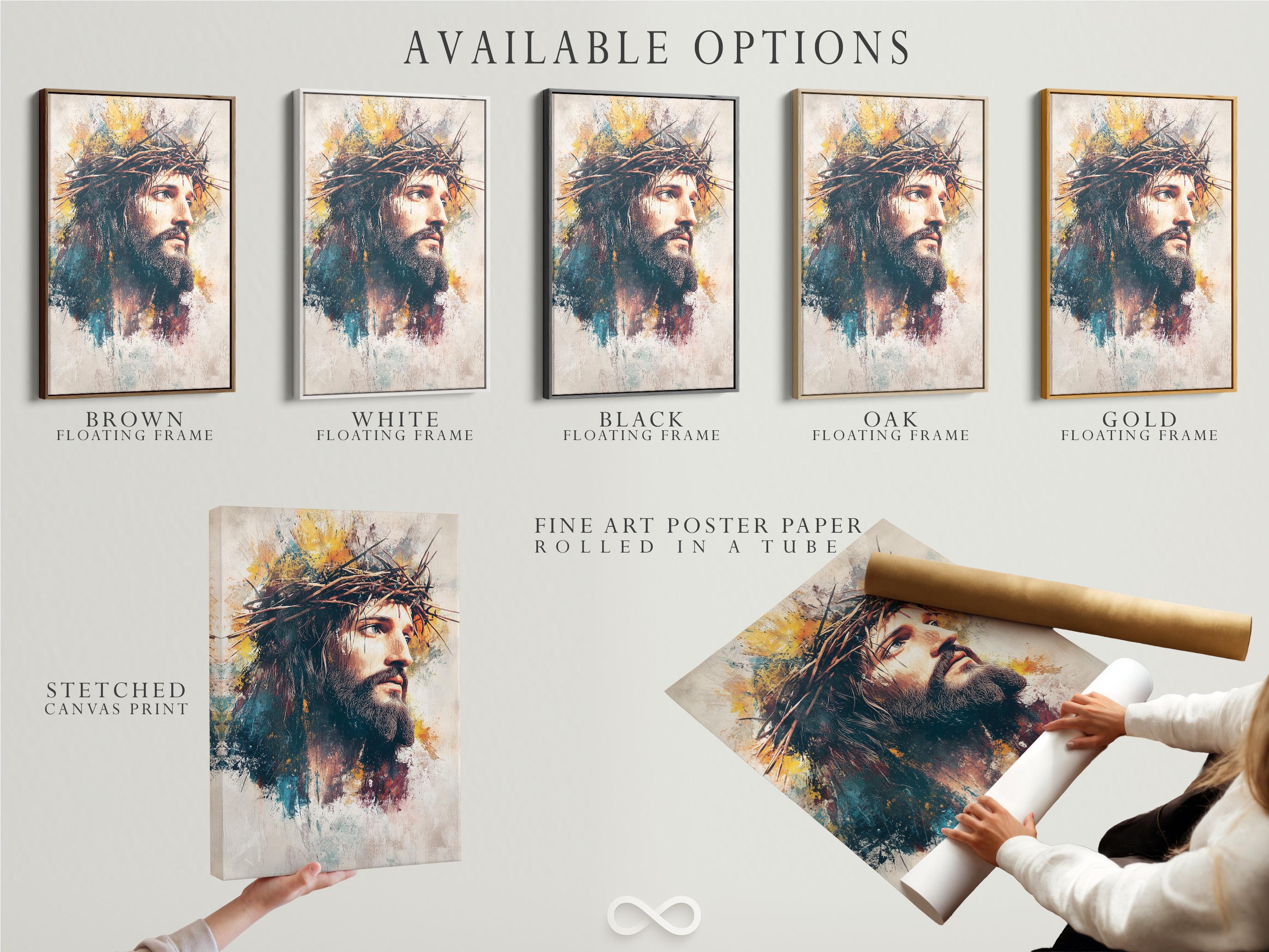 Side-profile Jesus portrait with textured teal, ochre and muted red over an ivory background detail view