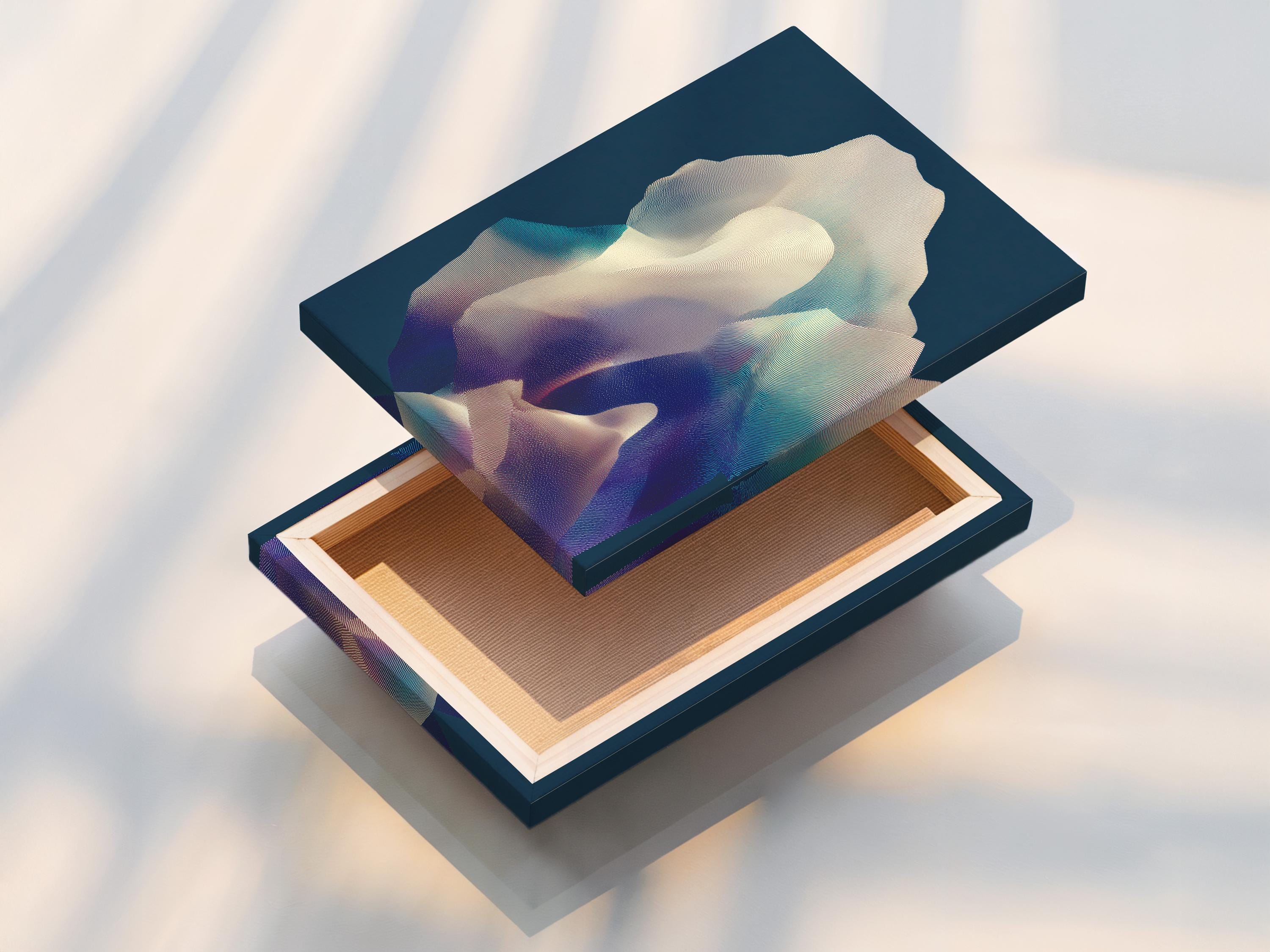 Room mockup showing navy blue abstract artwork on a wall with several frame options nearby