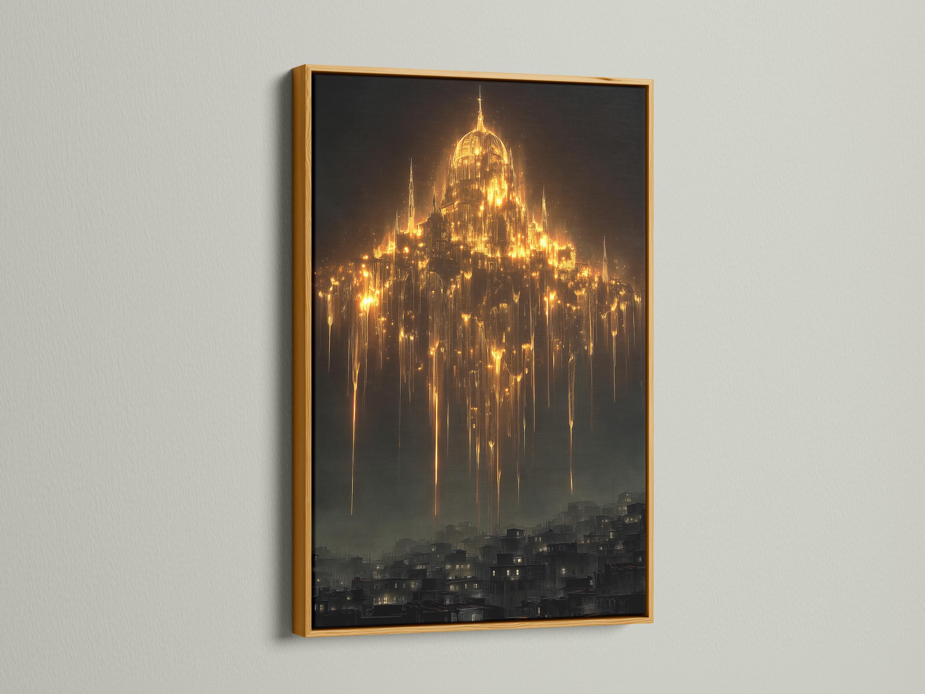 Glowing golden cathedral-like tower above a dark city skyline with cascading light streaks detail view