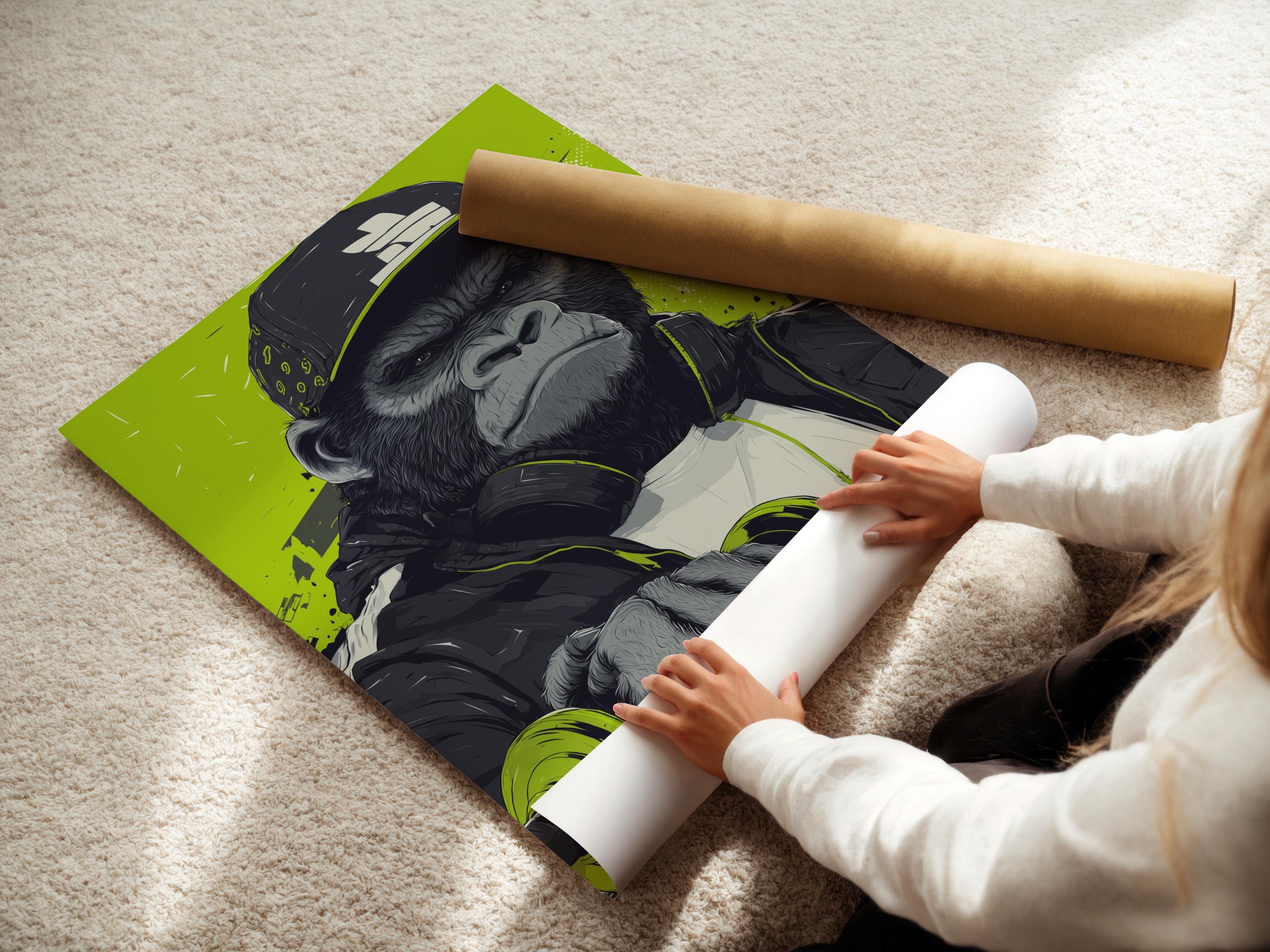 Mockup showing a framed gorilla barbell street-art image with a neon lime green background