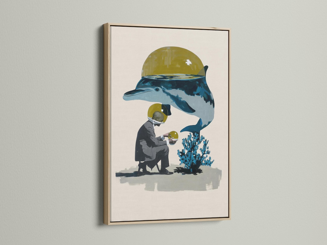 Surreal dolphin in blue with a yellow helmet-like dome and a person holding a round yellow object detail view