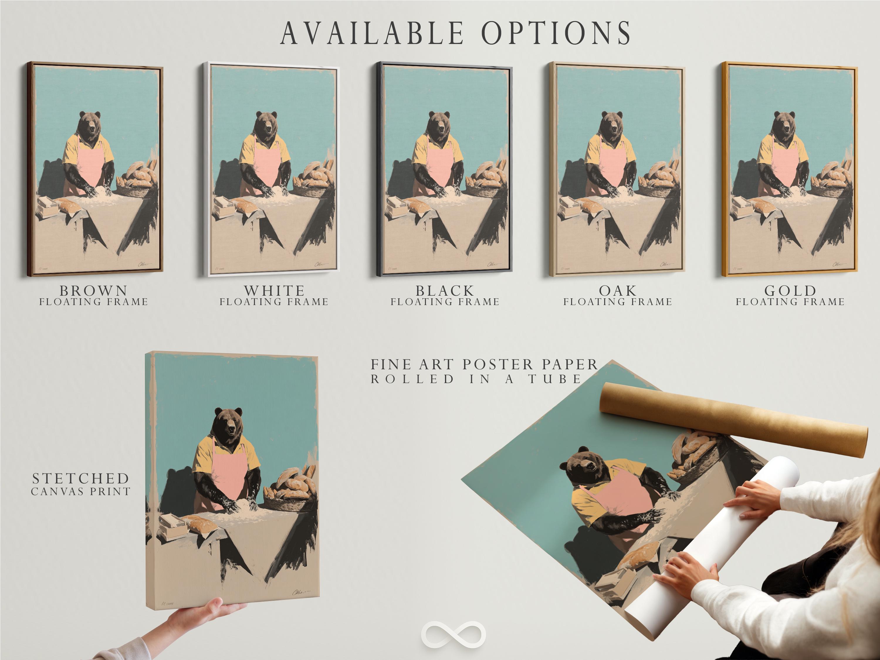 Bear chef illustration wearing a pink apron behind a counter with bread on a teal background detail view