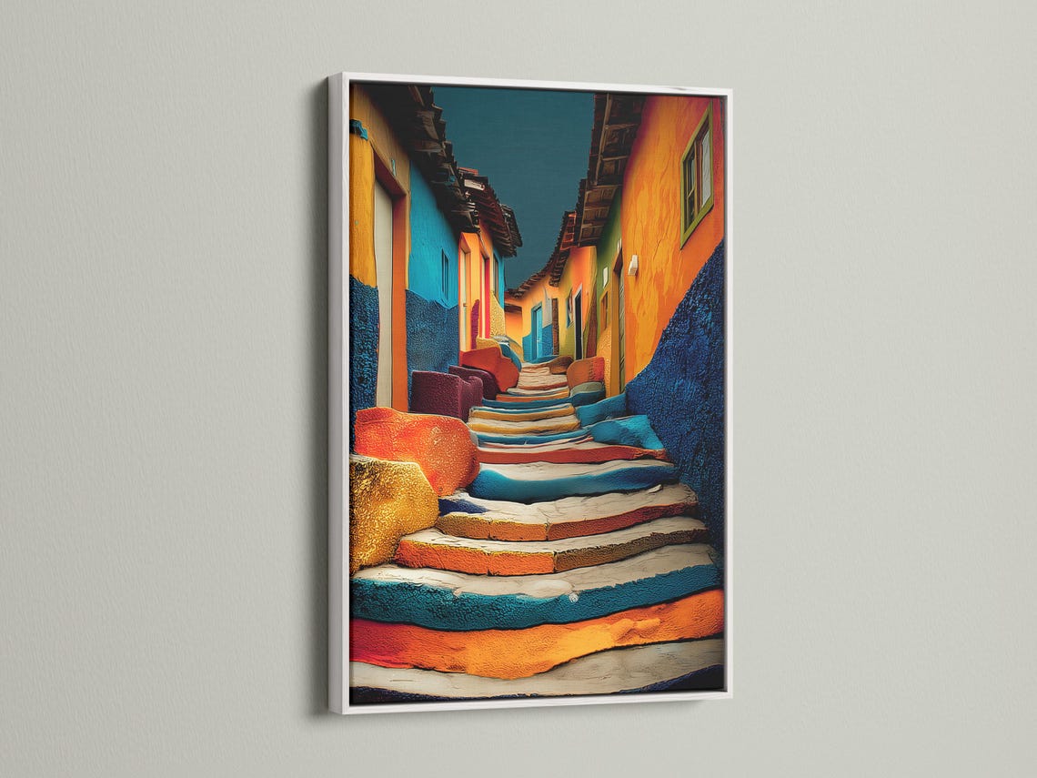 A vivid alleyway cityscape shows tall buildings in bright orange, cyan and blue, receding into a dark centre with textured, painterly shading detail