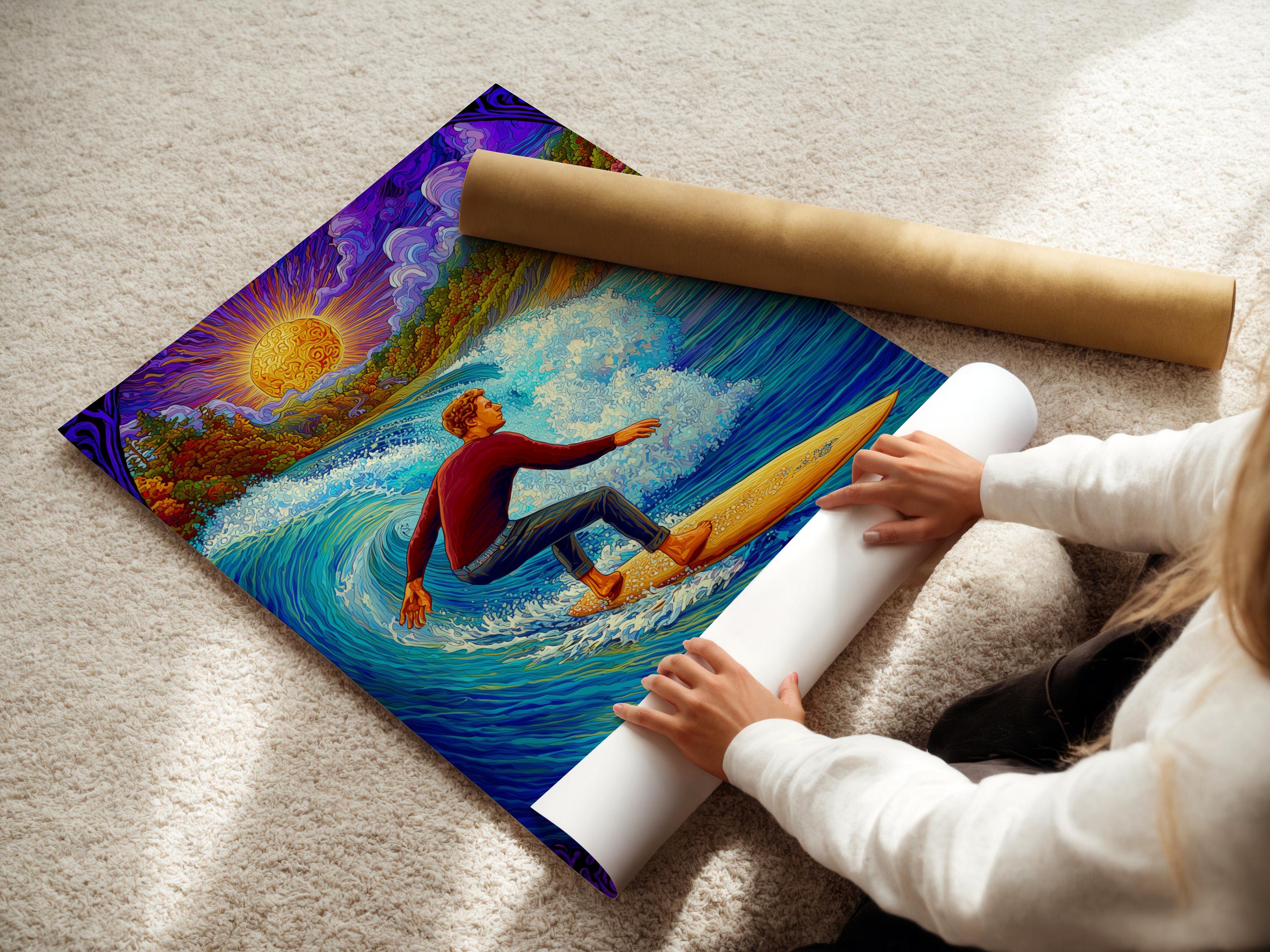 Psychedelic surfer scene with a glowing sun and vibrant ocean waves, in blue, purple and gold tones detail view