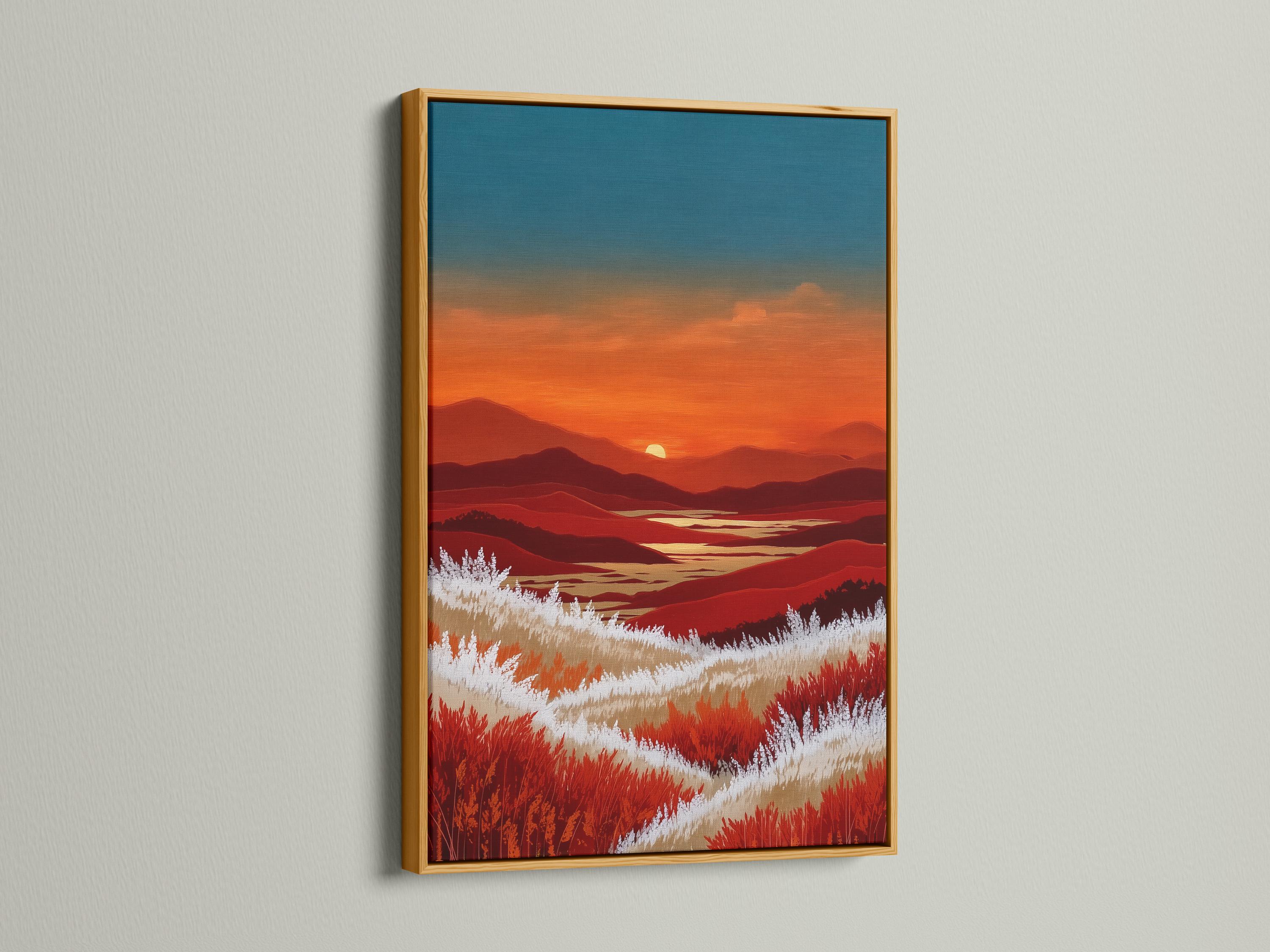 A stylised mountain sunset landscape shows layered ridgelines beneath a teal-blue sky and warm orange horizon, with bright white grass bands and red