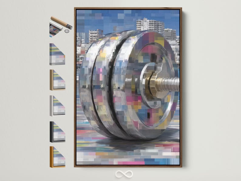 Stylised barbell end with curved motion arcs over a blocky city skyline in blue tones