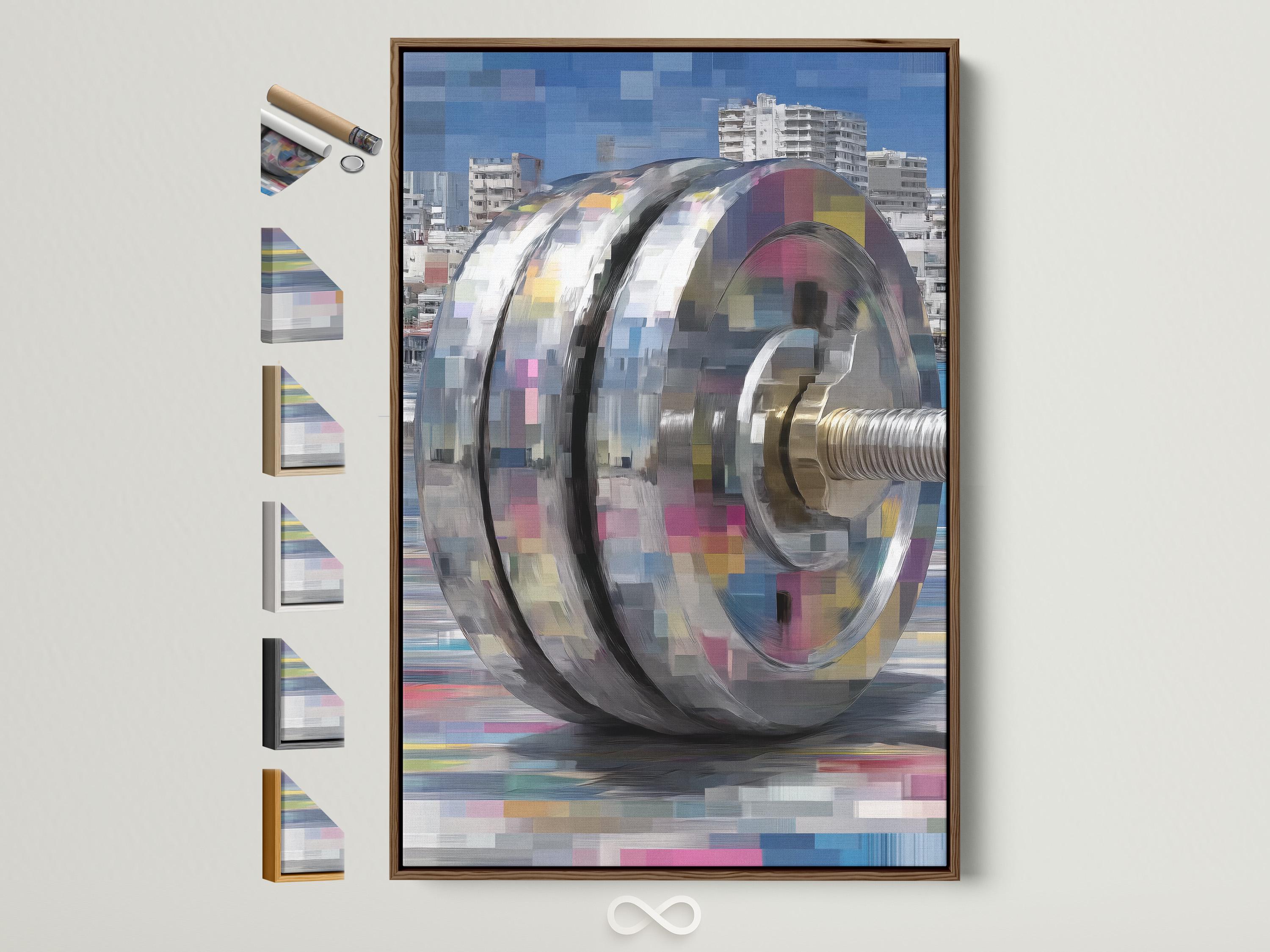 Stylised barbell end with curved motion arcs over a blocky city skyline in blue tones