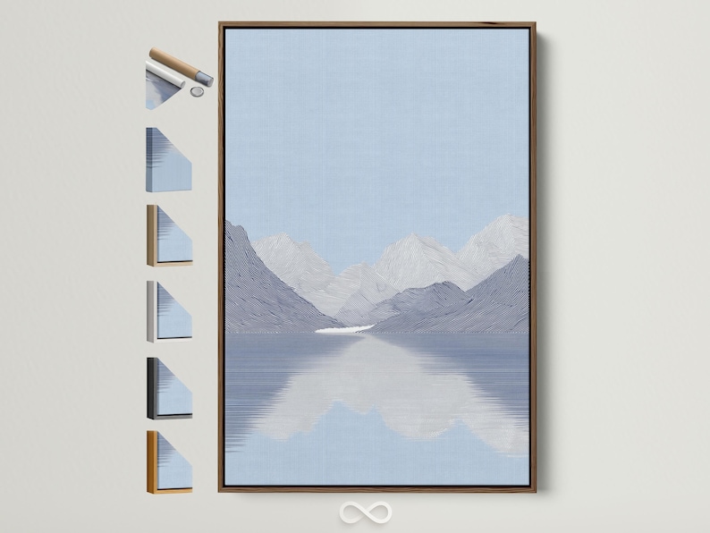 Minimalist light blue mountain landscape with layered contour lines and reflective water