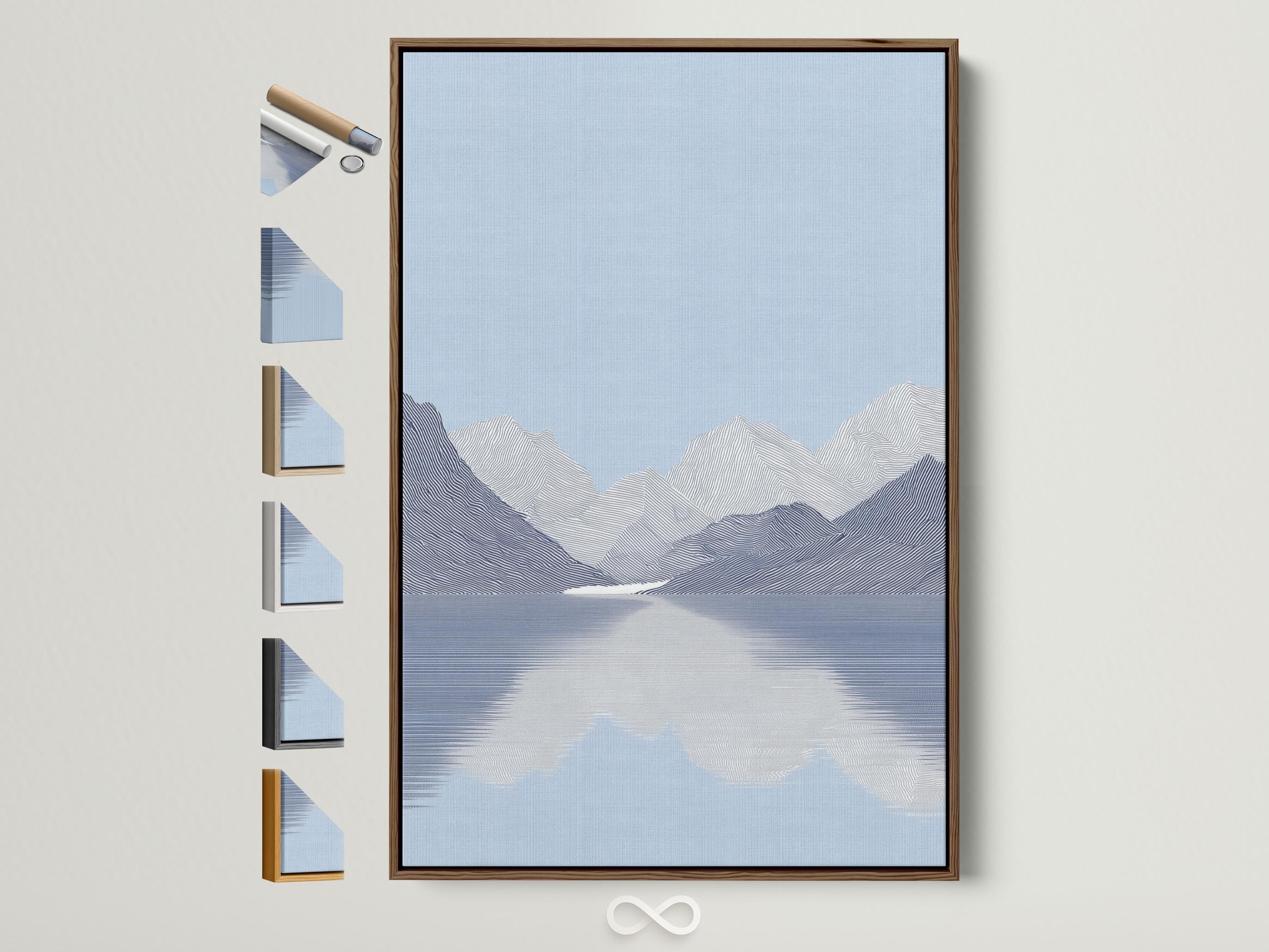 Minimalist light blue mountain landscape with layered contour lines and reflective water