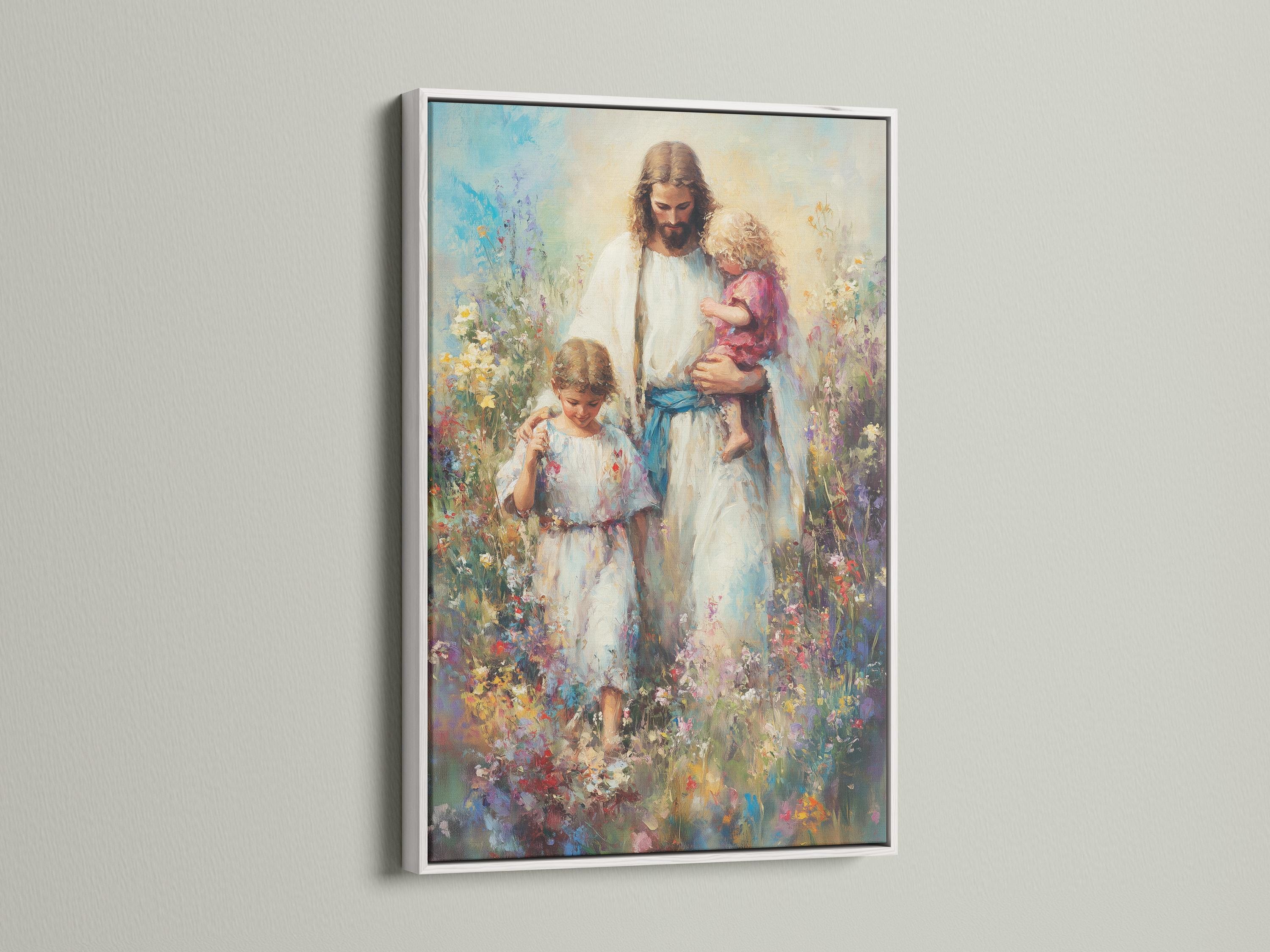 Painterly religious scene of a bearded adult holding a child in a colourful flower meadow detail view