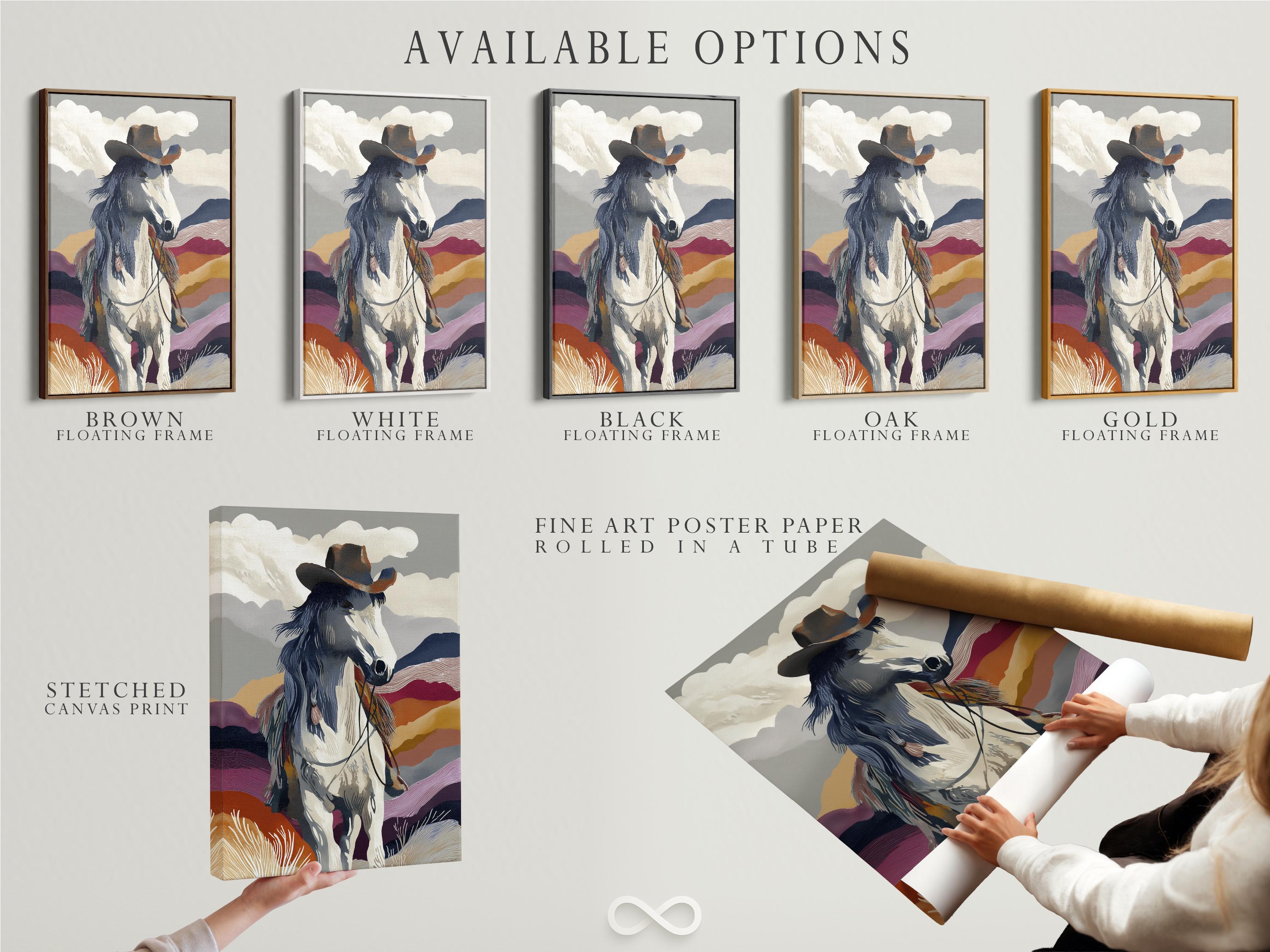 A stylised rearing horse over layered western hills and cloud shapes detail view