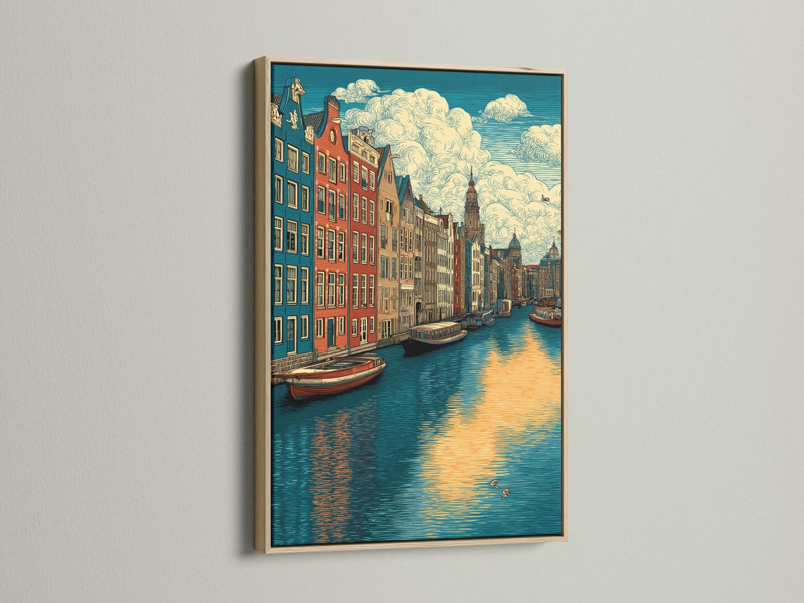 Vintage illustration of an Amsterdam canal cityscape with colourful buildings, boats, and warm sunset reflections detail view