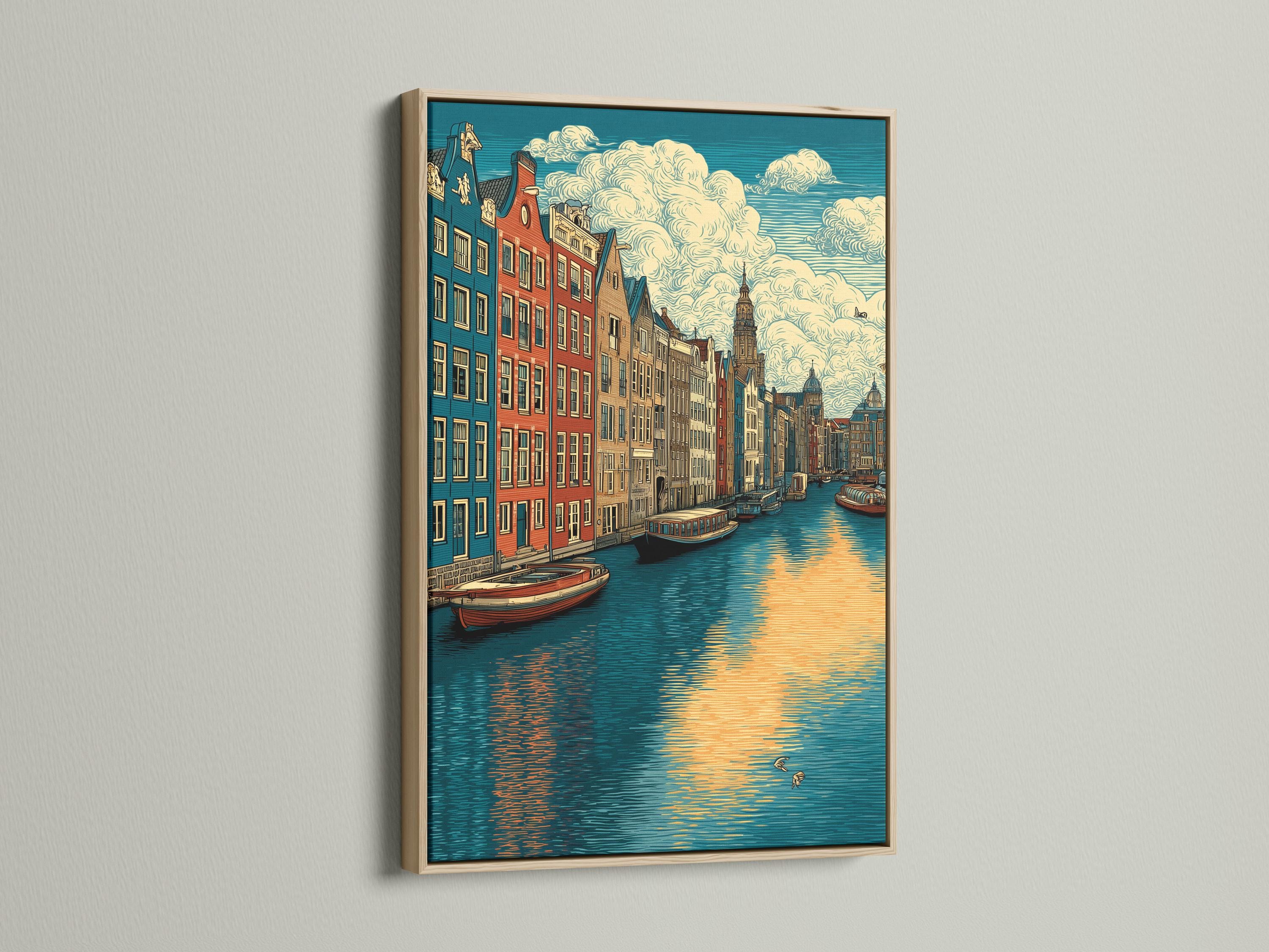 Vintage illustration of an Amsterdam canal cityscape with colourful buildings, boats, and warm sunset reflections detail view
