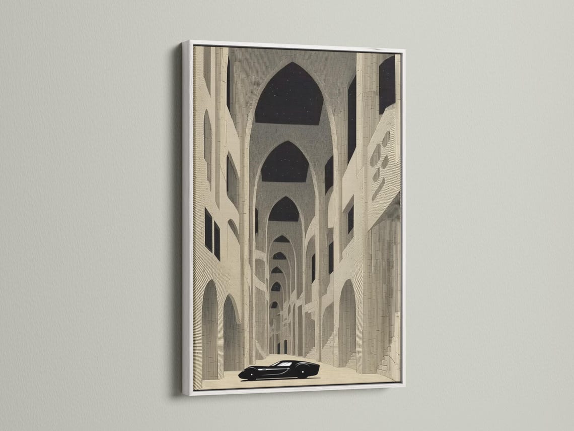 Room mockup showing a framed beige architecture artwork with arches and a dark car silhouette