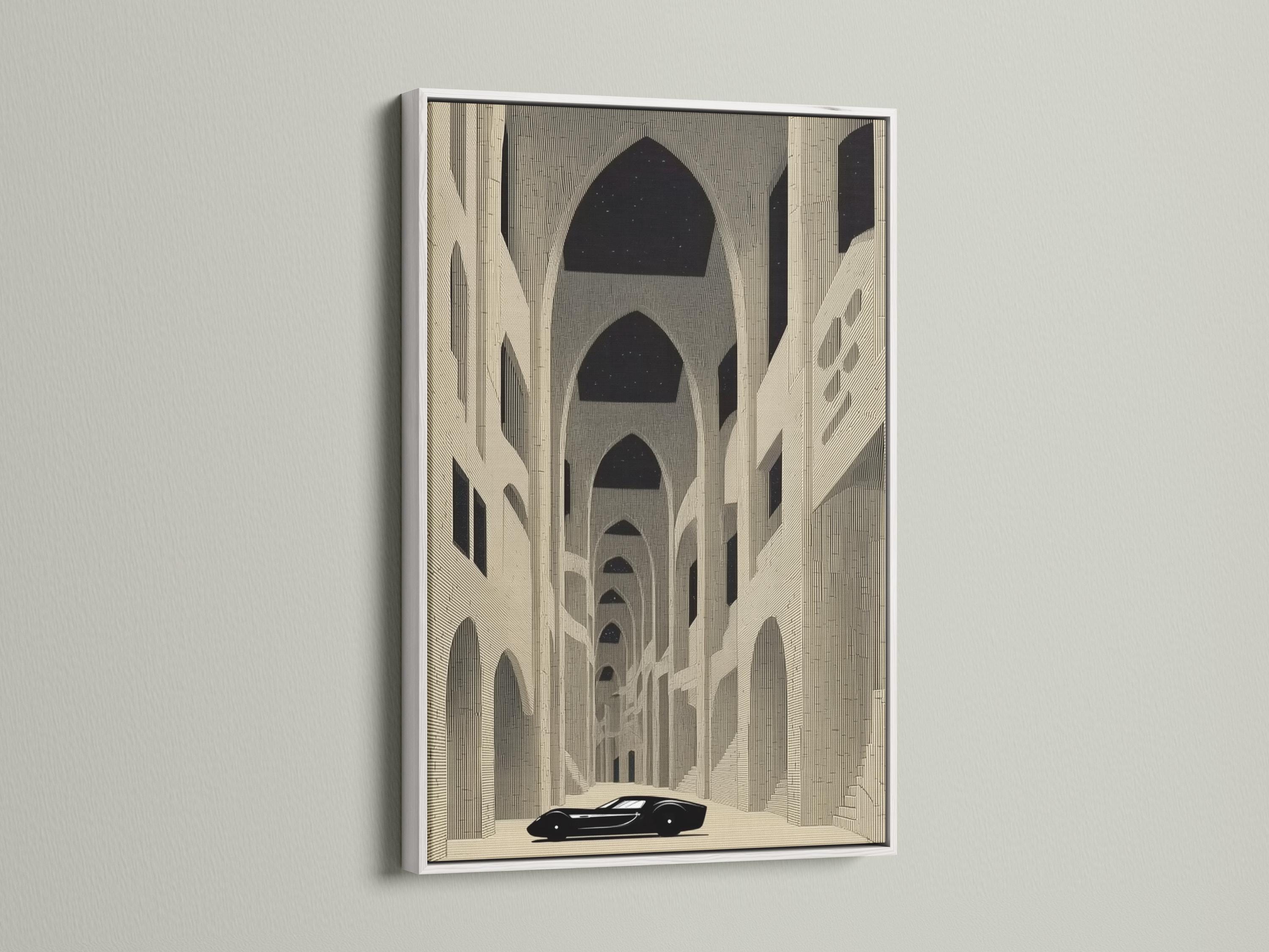 Room mockup showing a framed beige architecture artwork with arches and a dark car silhouette