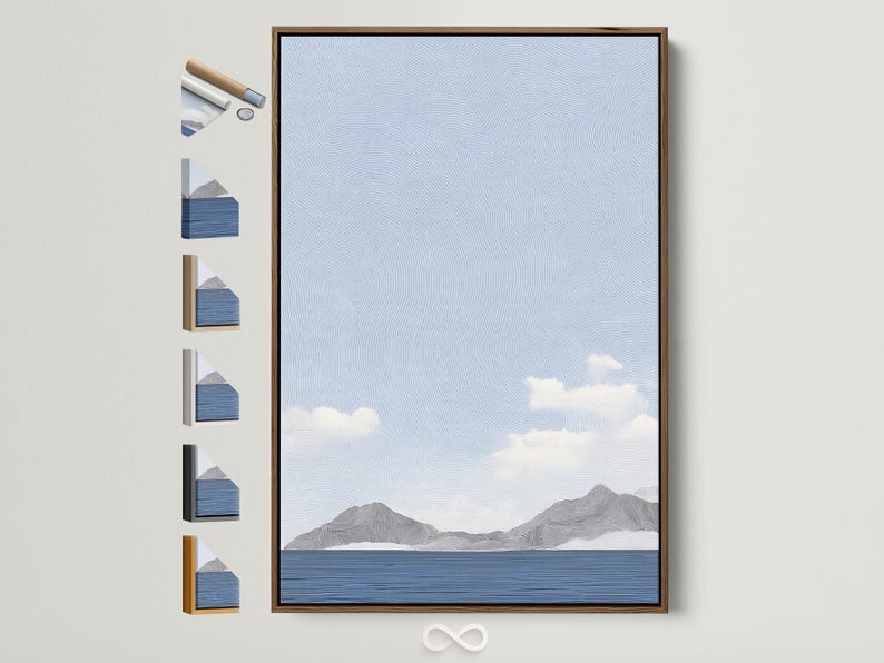 Light blue minimalist seascape with clouds, outlined mountains and banded water reflections