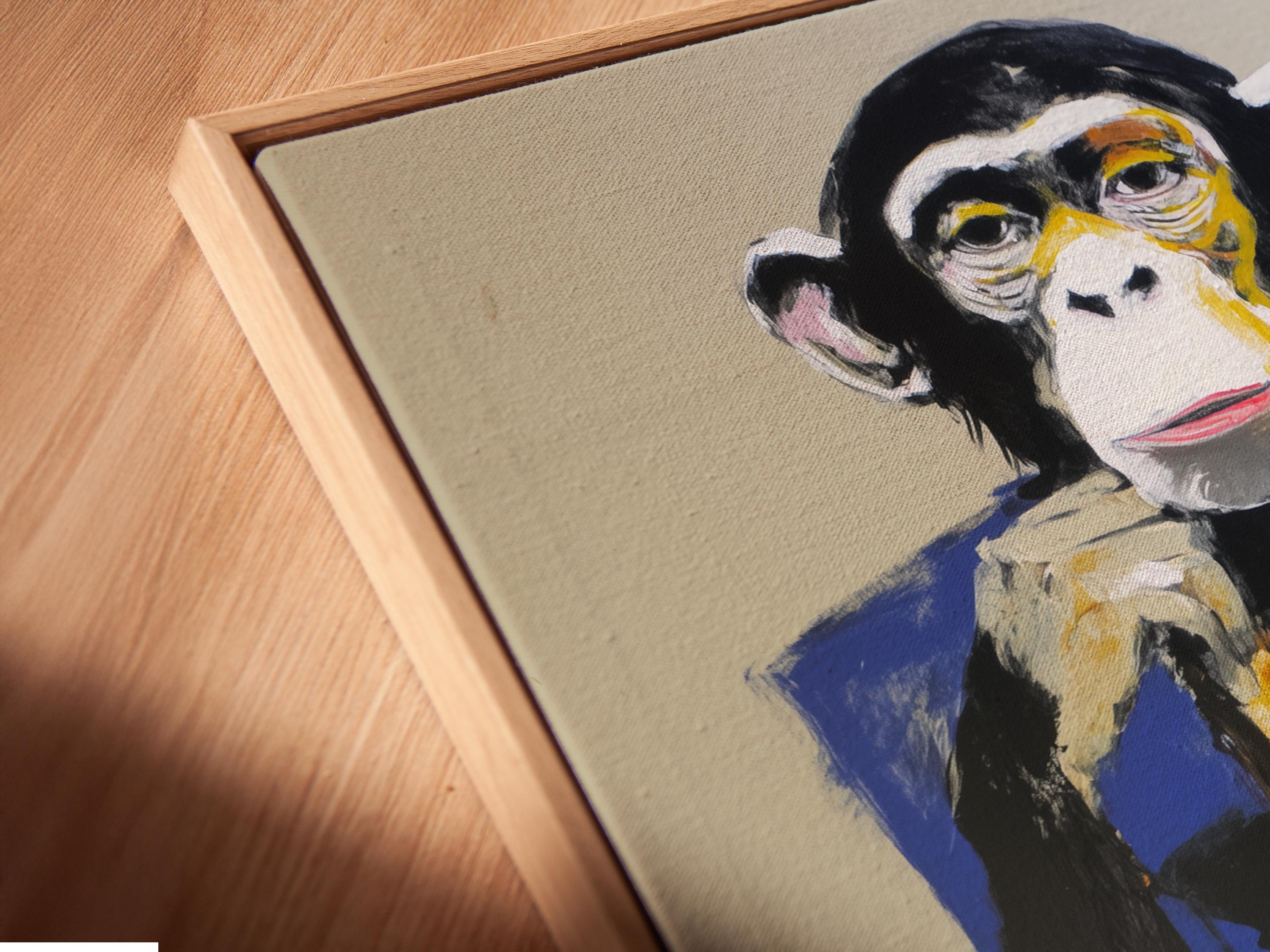 Stylised monkey portrait in a blue suit holding papers with faint scribbles detail view