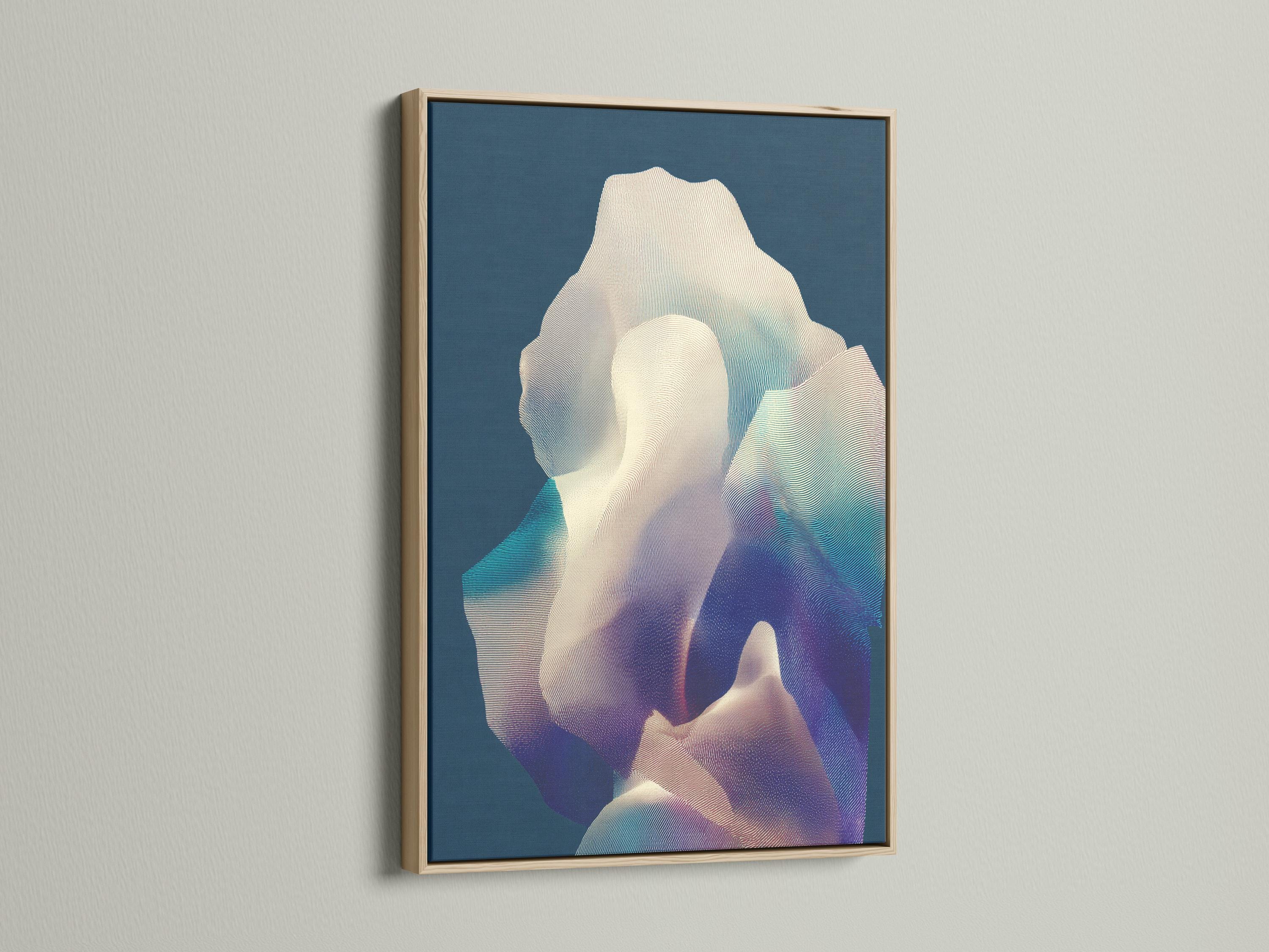 Room mockup showing navy blue abstract artwork on a wall with several frame options nearby