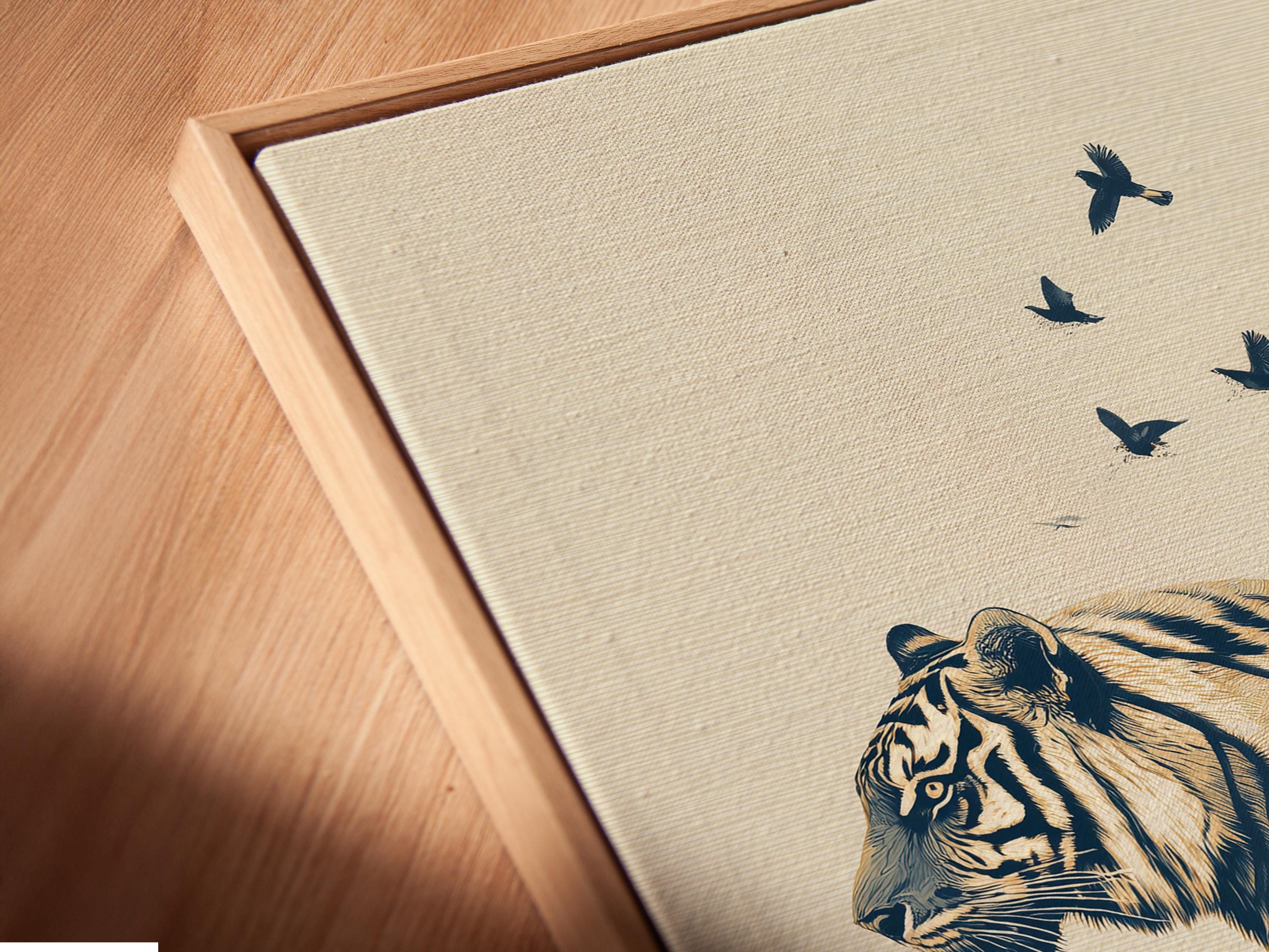 Minimalist tiger silhouette in navy with birds in flight above and layered mountains below detail view
