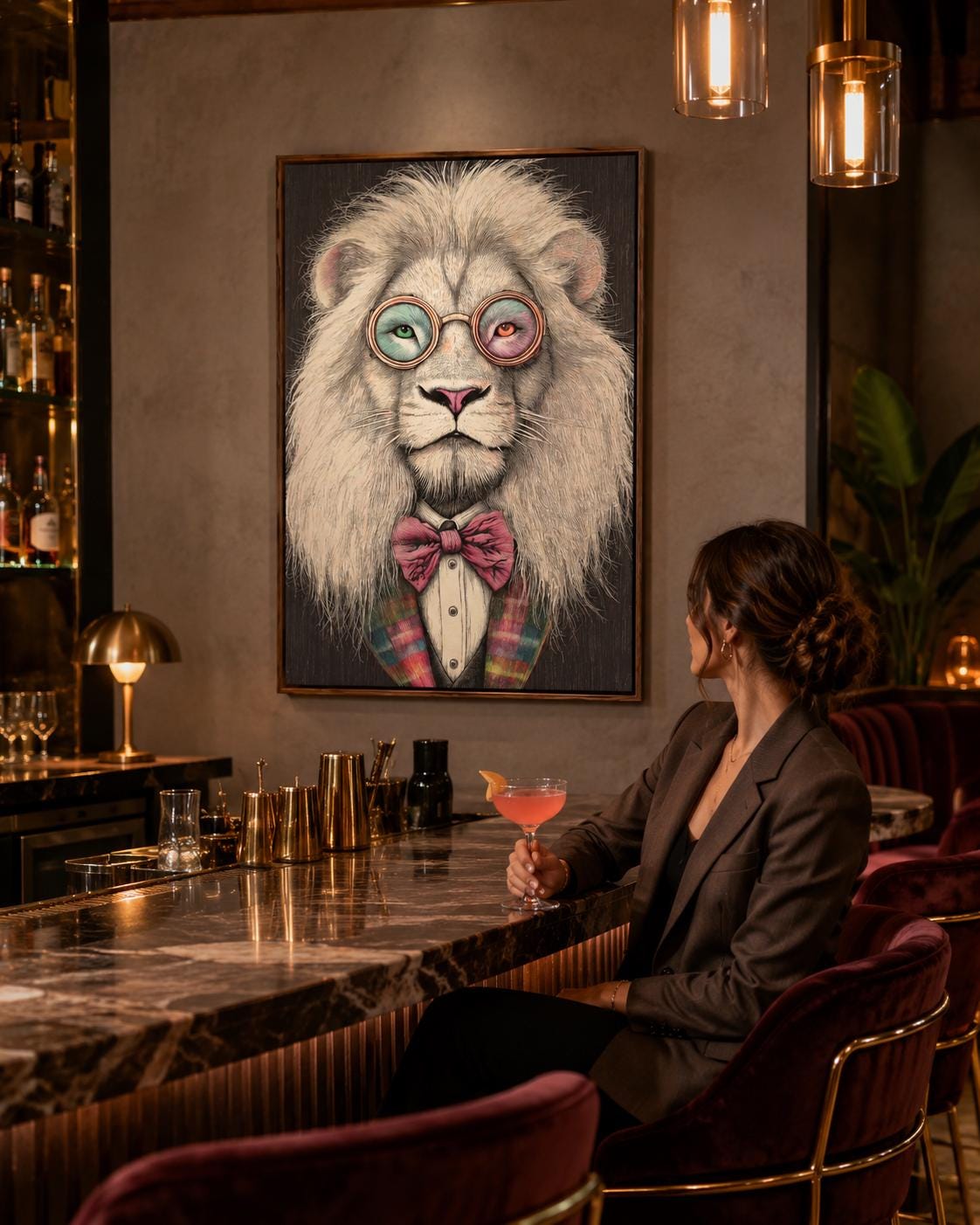Stylised lion portrait with round glasses and a pink bow tie detail view
