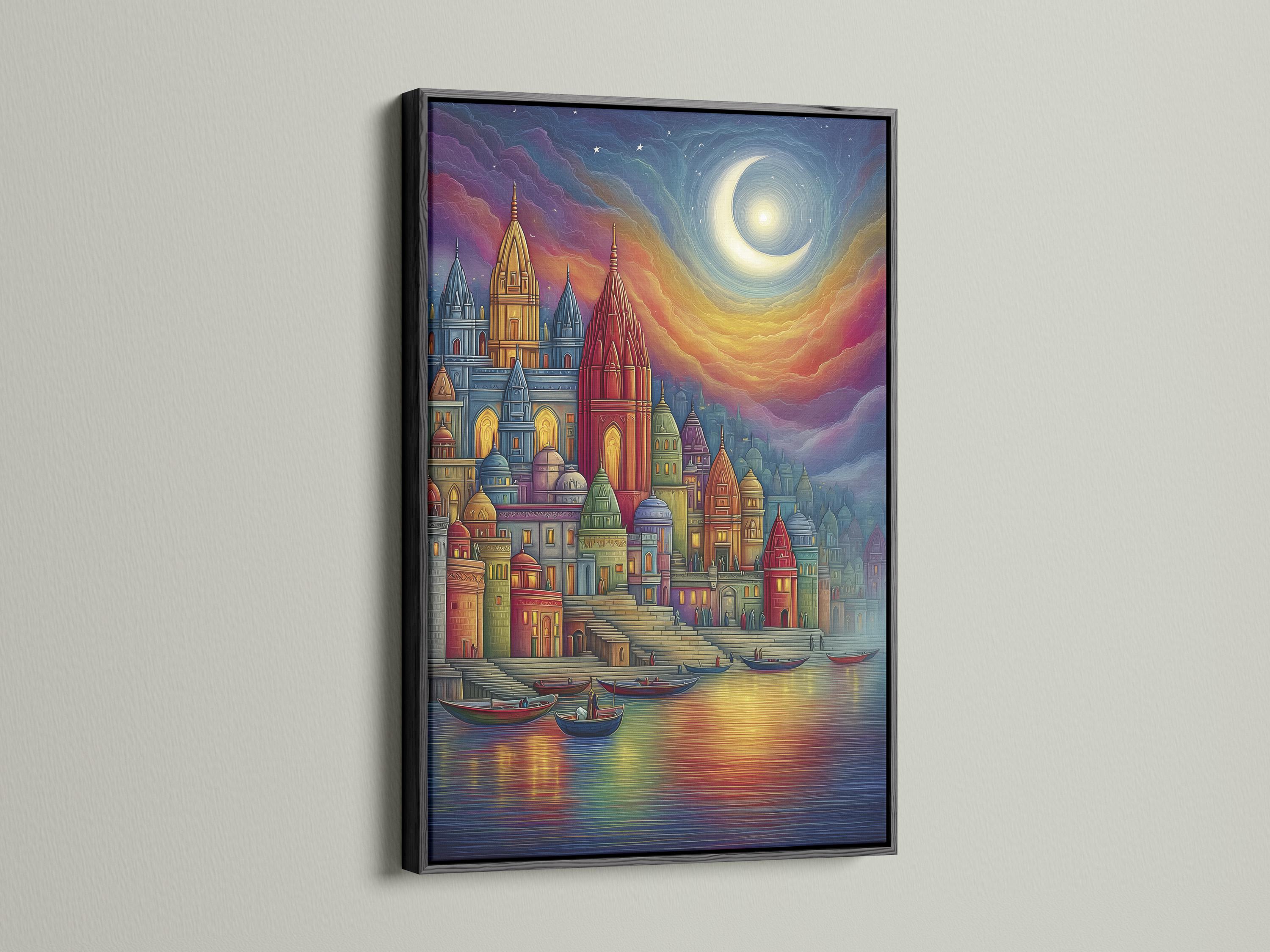 Moonlit colourful city skyline with domed buildings and boats on reflective water detail view
