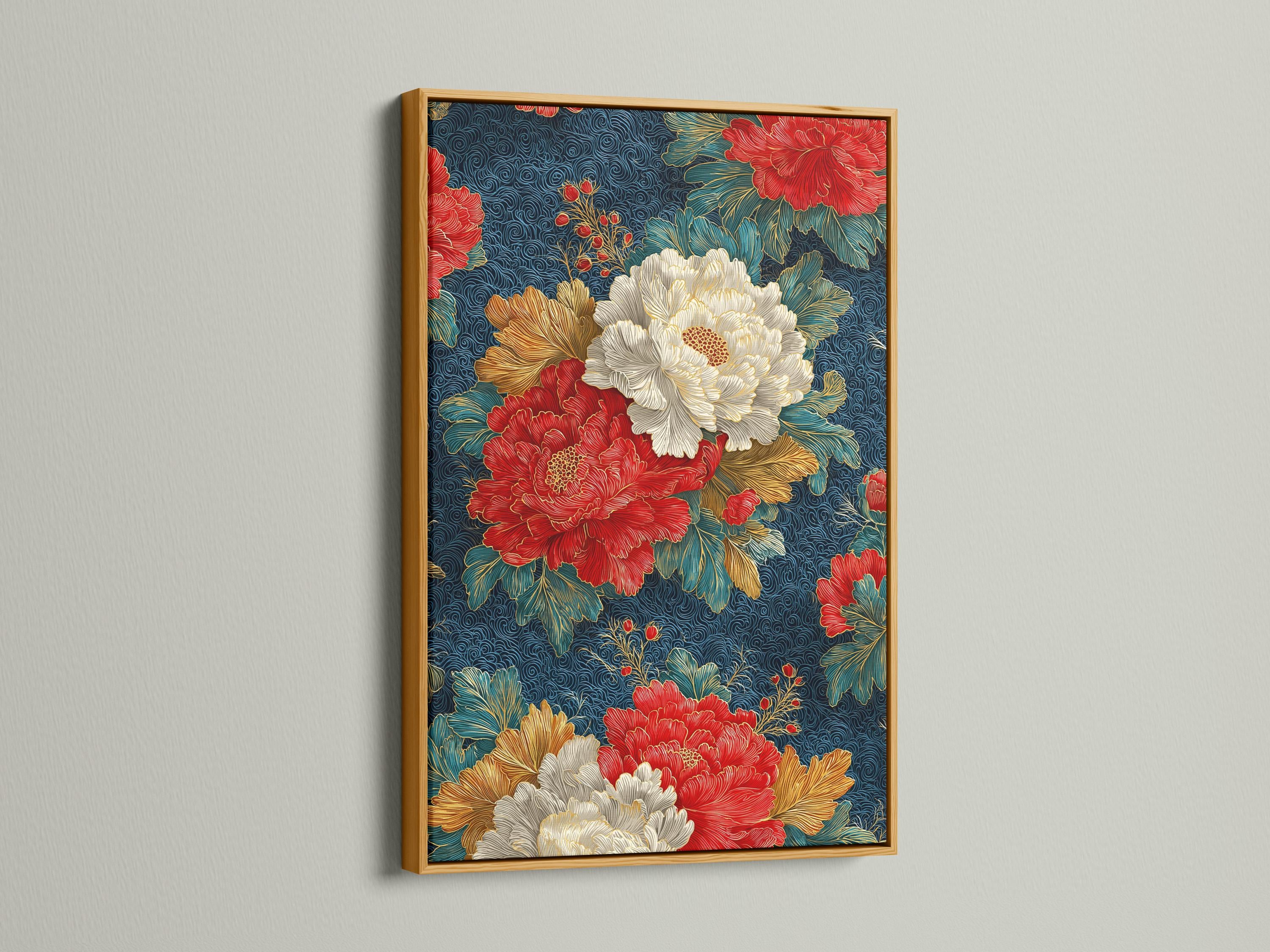 Peony floral artwork displayed in a frame over a light background, with alternate frame options shown