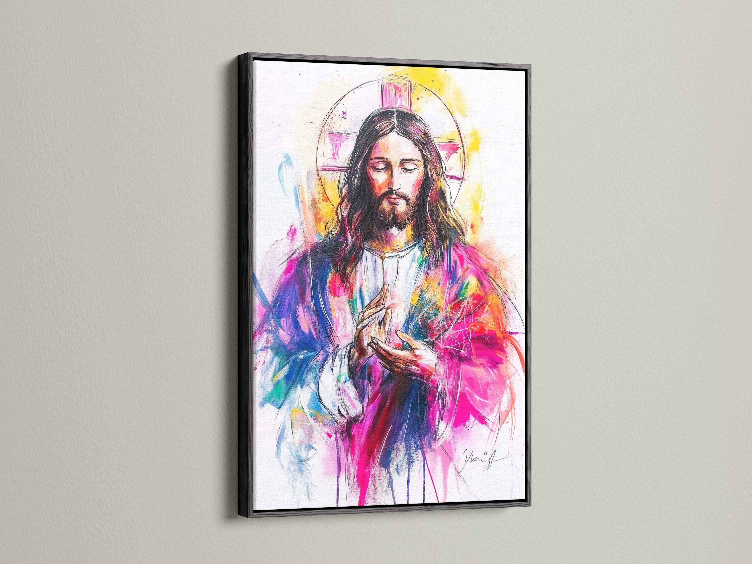Religious portrait artwork of Jesus with halo displayed above a wooden table in a hallway