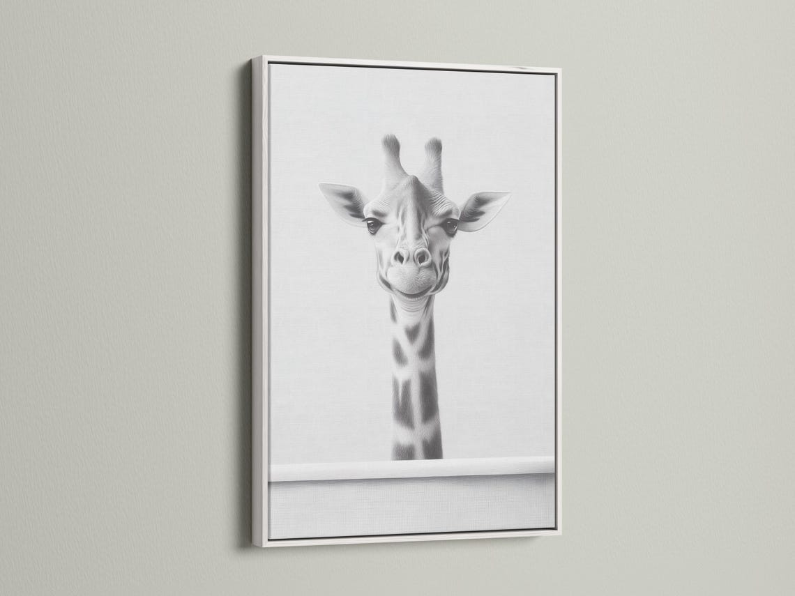 Black and white giraffe portrait illustration with soft sketch shading detail view