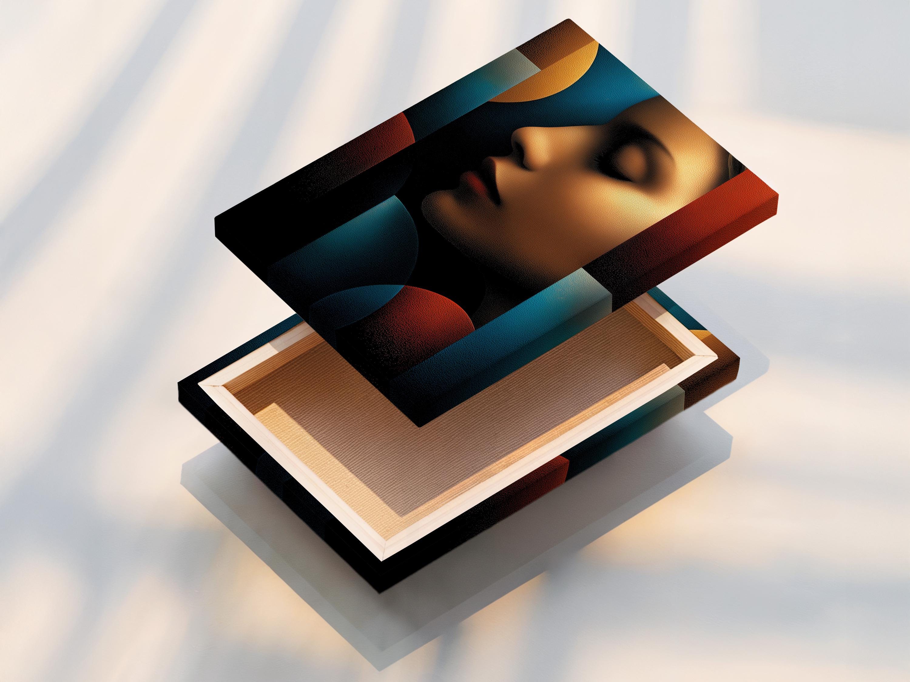 Abstract woman portrait profile in teal, bronze and burnt red-orange with textured shading detail view