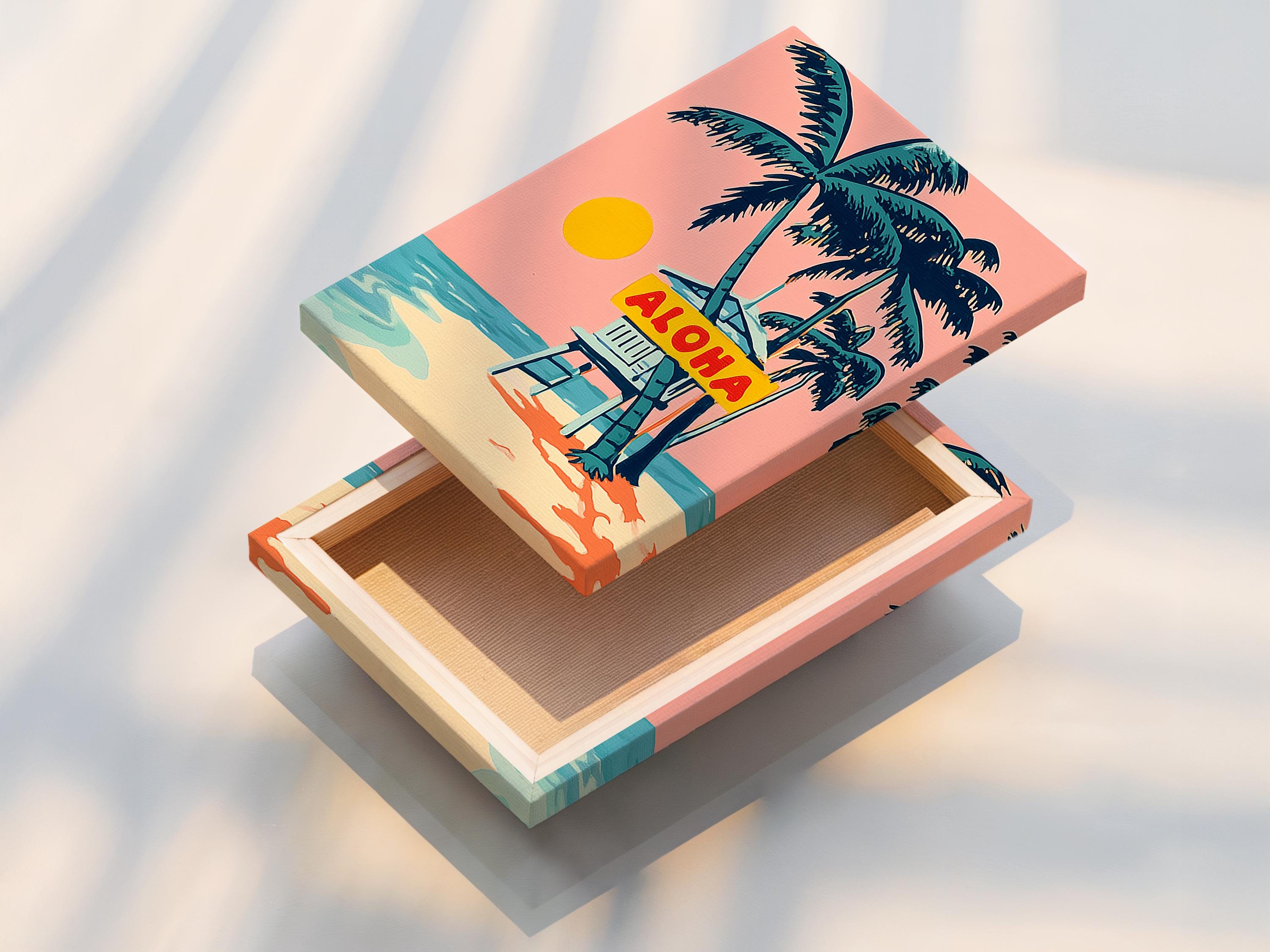 Retro tropical beach artwork with a palm tree, deck chair, ocean waves and ALOHA sign detail view