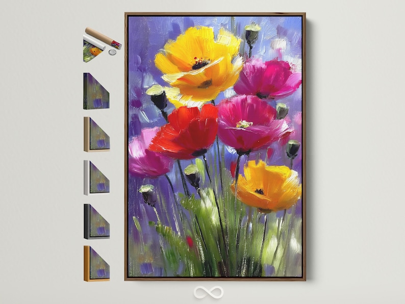 Painterly floral painting with purple, pink, red and yellow blooms and green stems