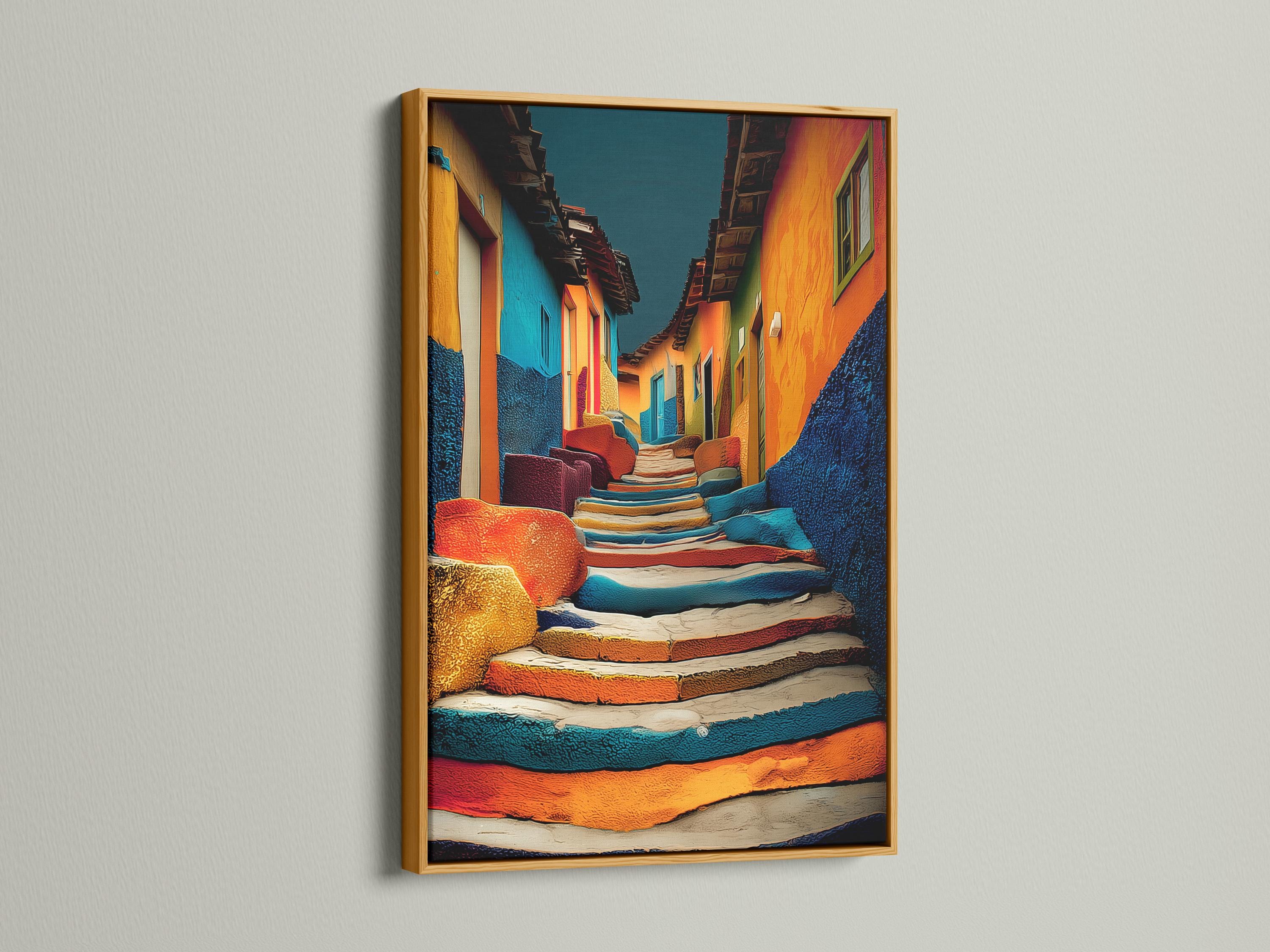A vivid alleyway cityscape shows tall buildings in bright orange, cyan and blue, receding into a dark centre with textured, painterly shading detail