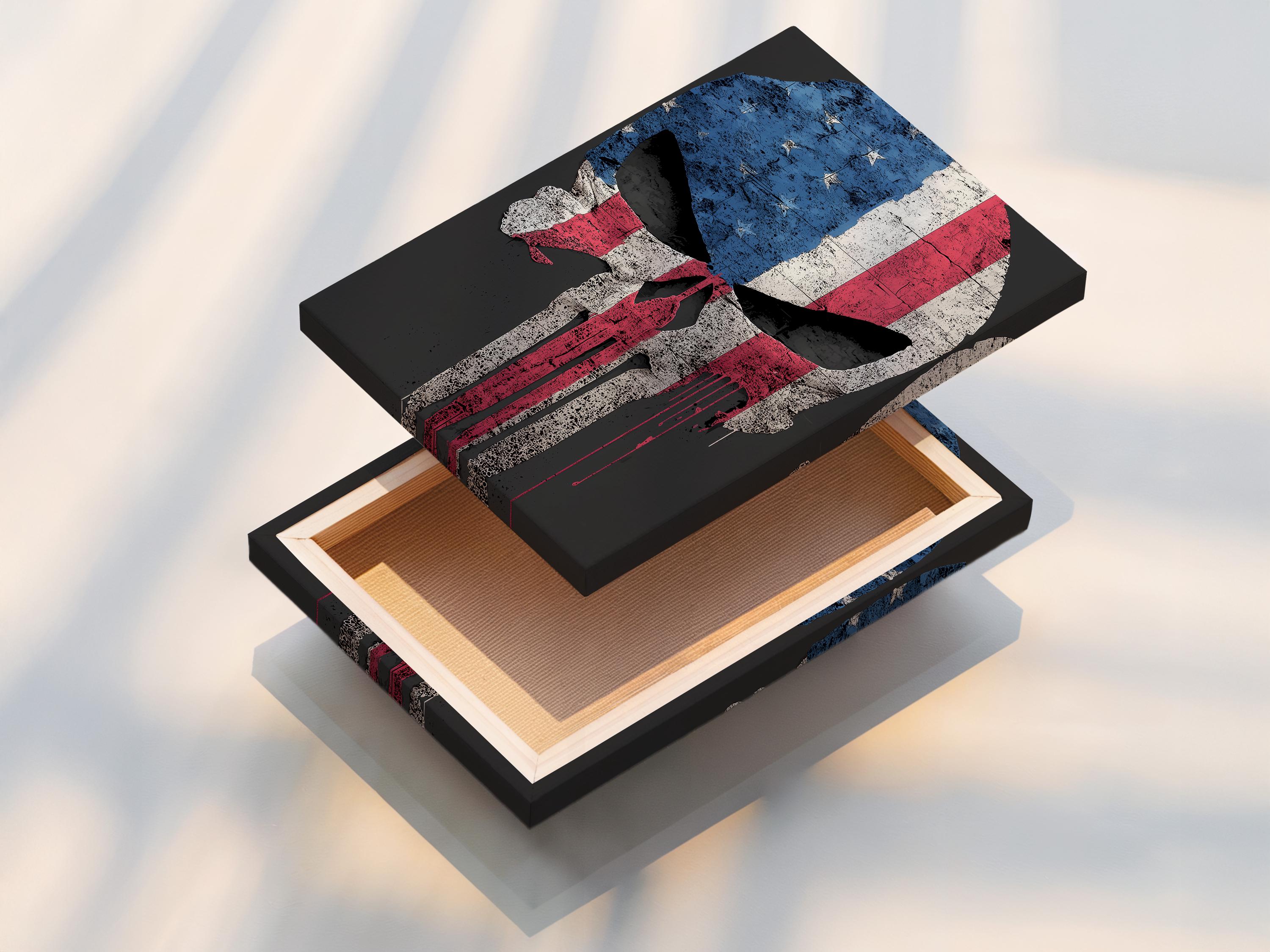 Portrait framed artwork mockup showing a distressed skull flag design