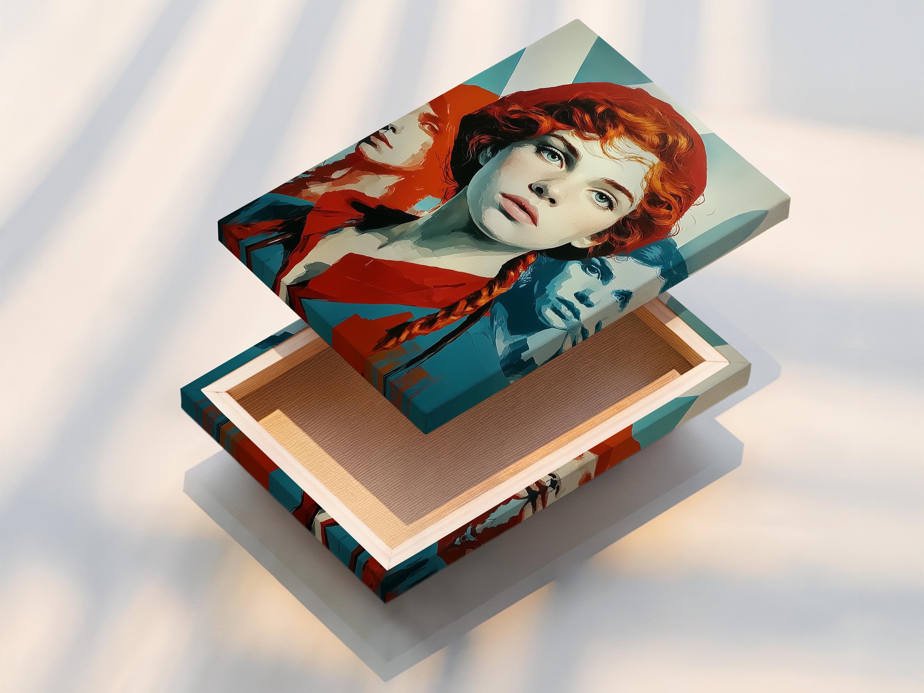 Retro pop-art portrait of a red-haired woman with teal and orange colour blocks detail view