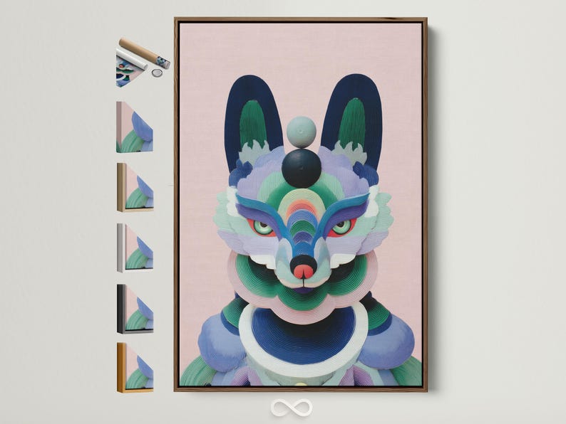Stylised pastel fox portrait with layered geometric fur shapes on a pink background