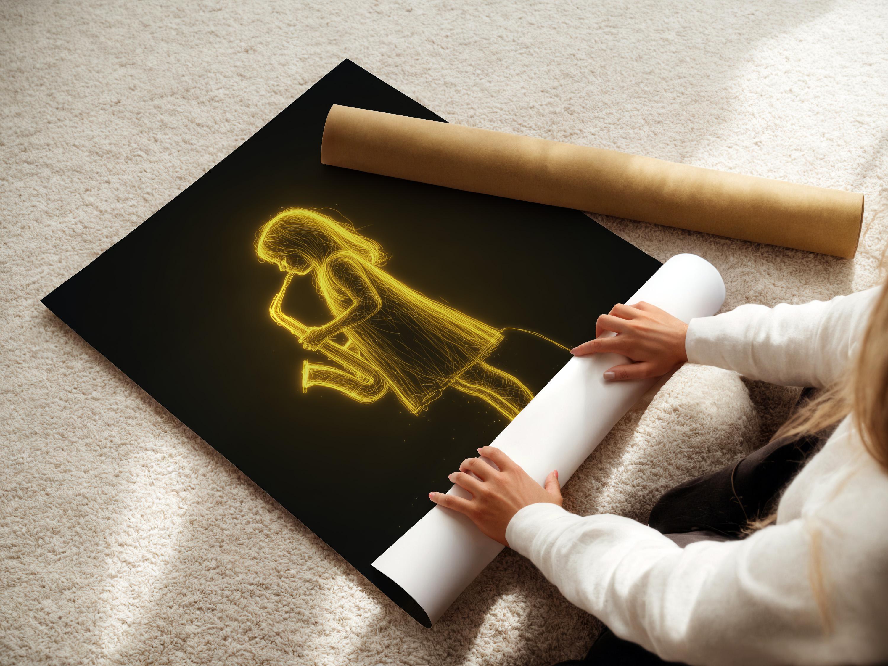 Neon gold line drawing of a saxophone player musician against a dark background with a floating music note detail view