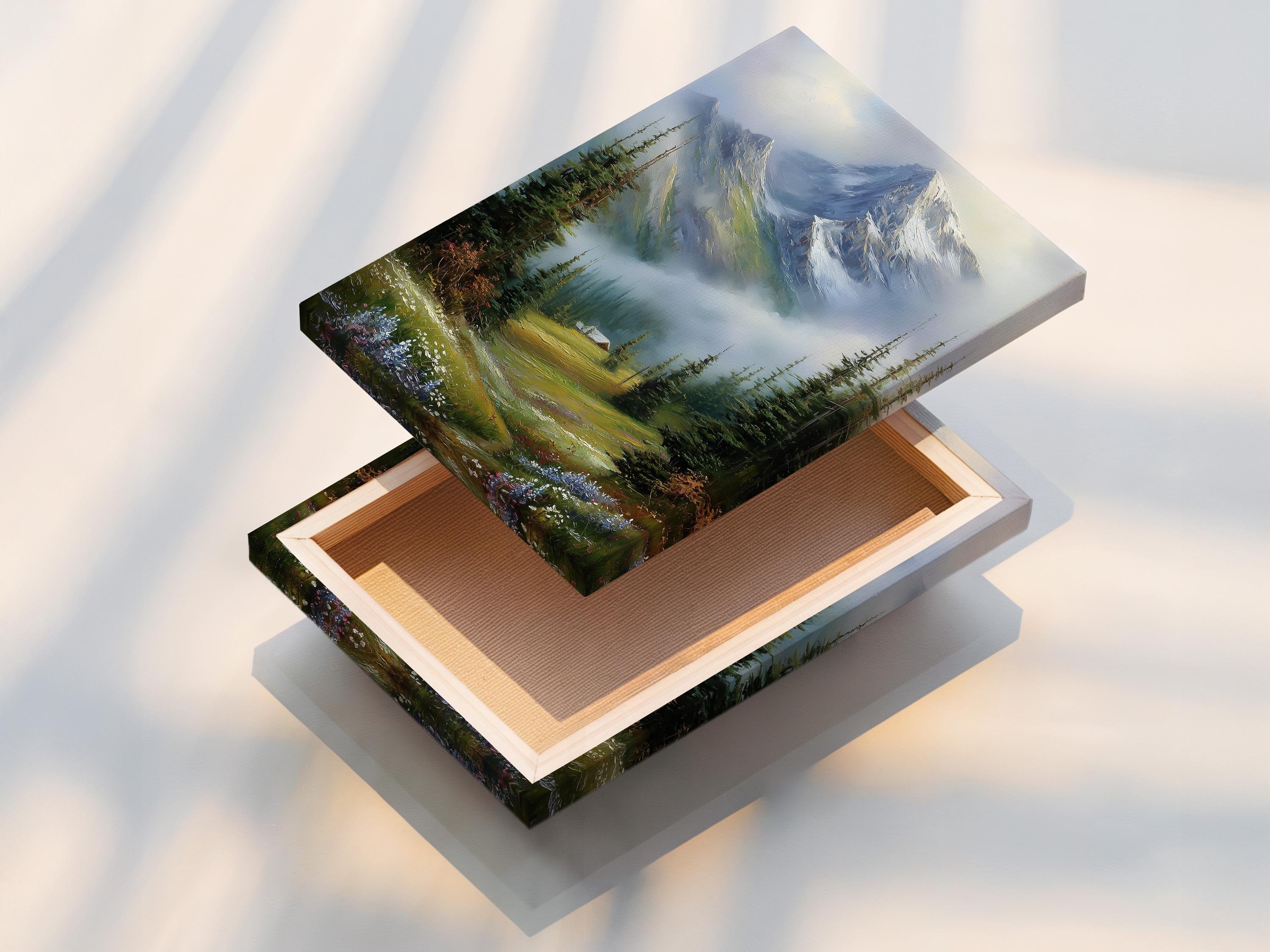 Room mockup showing a framed snowy mountain landscape painting with evergreen trees and a cabin