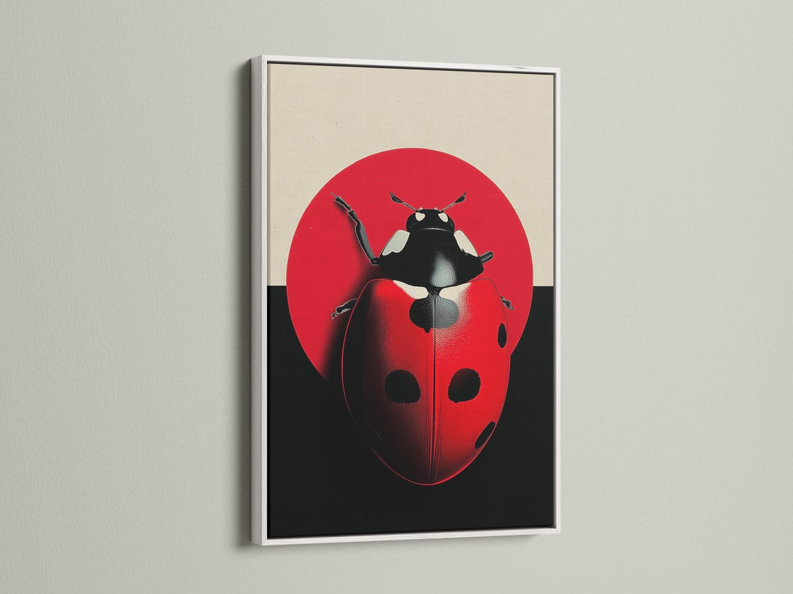 Room mockup showing a framed ladybug artwork on a light wall