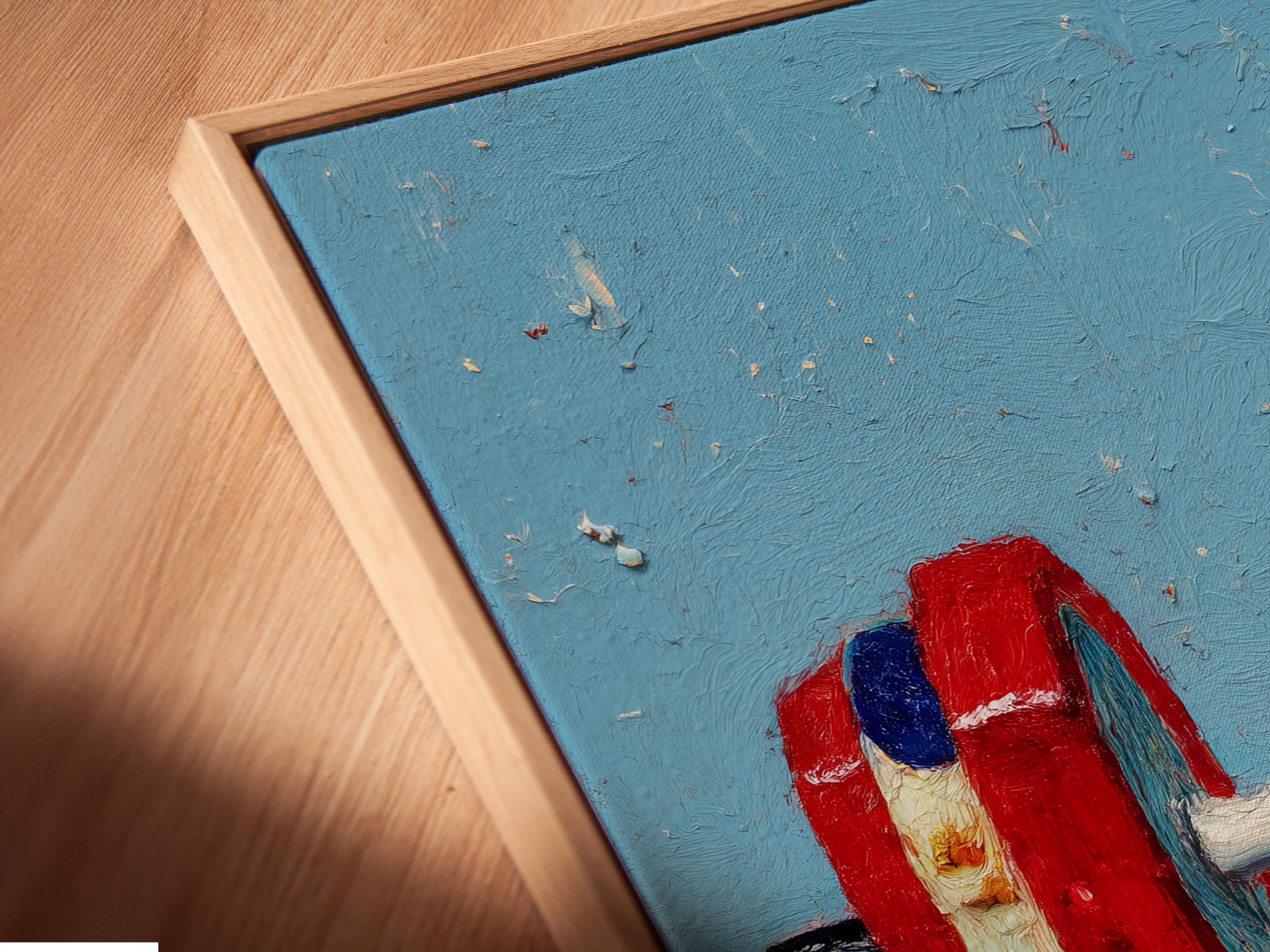 A framed abstract painting shows a brightly coloured weight barbell on a blue-and-pink background with small scattered speckles and a minimal flower