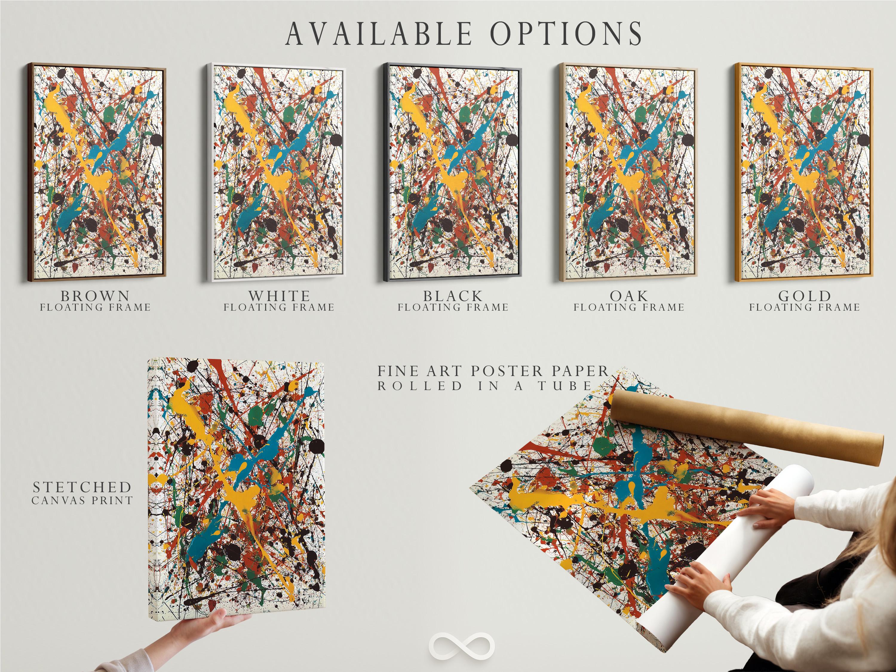 Abstract splatter artwork with layered blue, teal, yellow, red and green shapes on a white background detail view