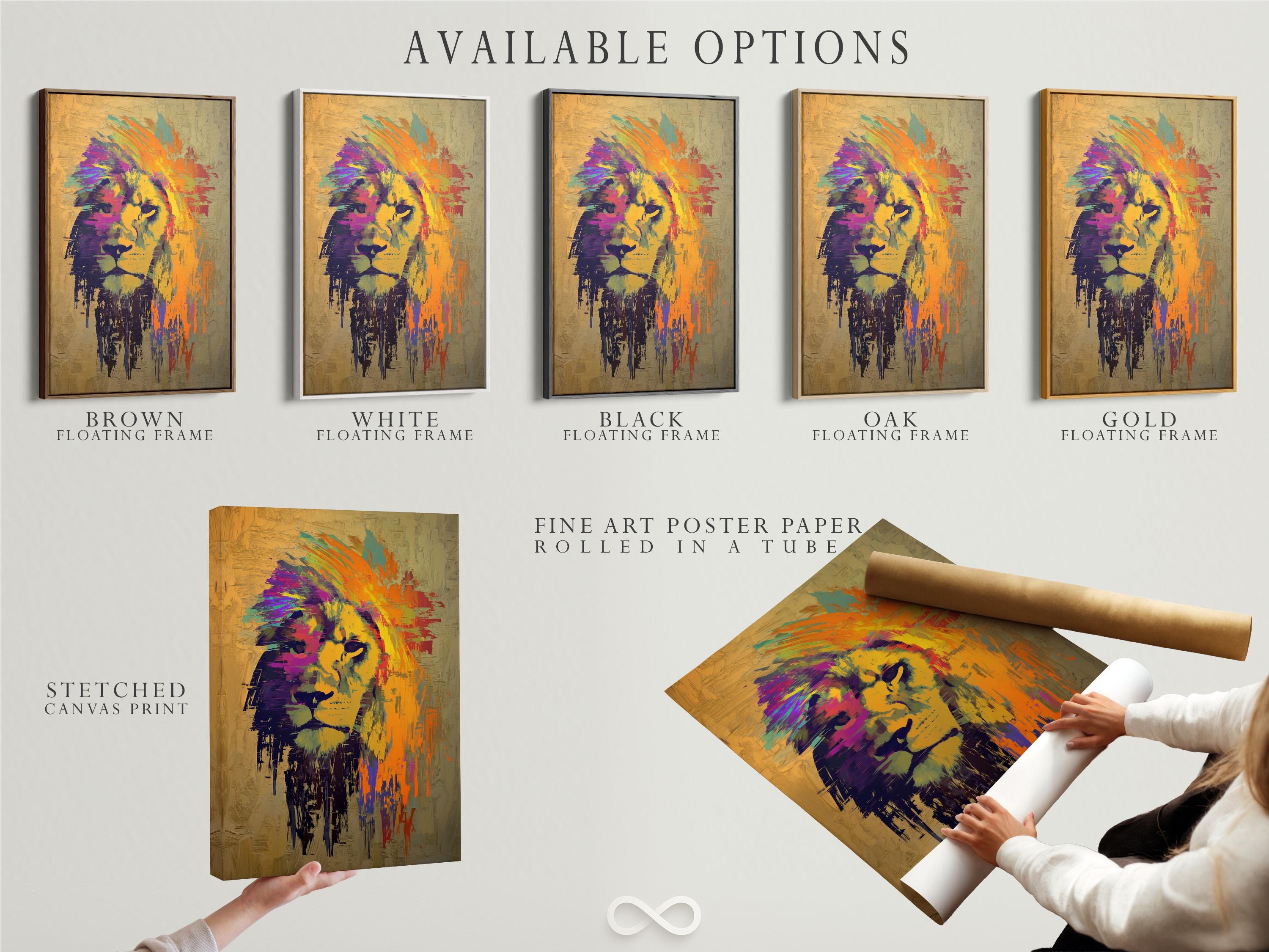 Stylised lion head artwork in warm beige with orange, purple and turquoise brush strokes detail view